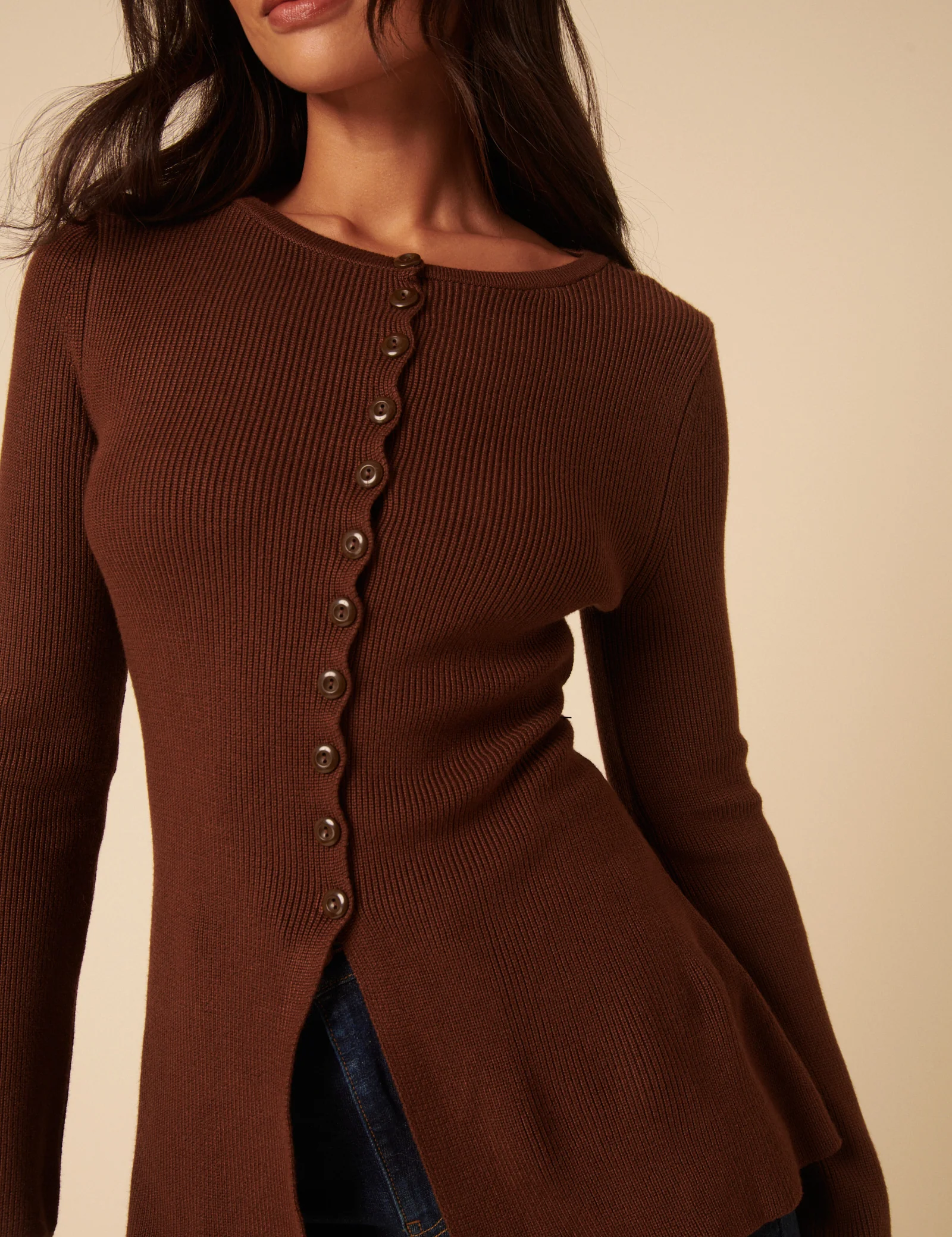 Brown Ribbed Longline Cardigan - Image 4