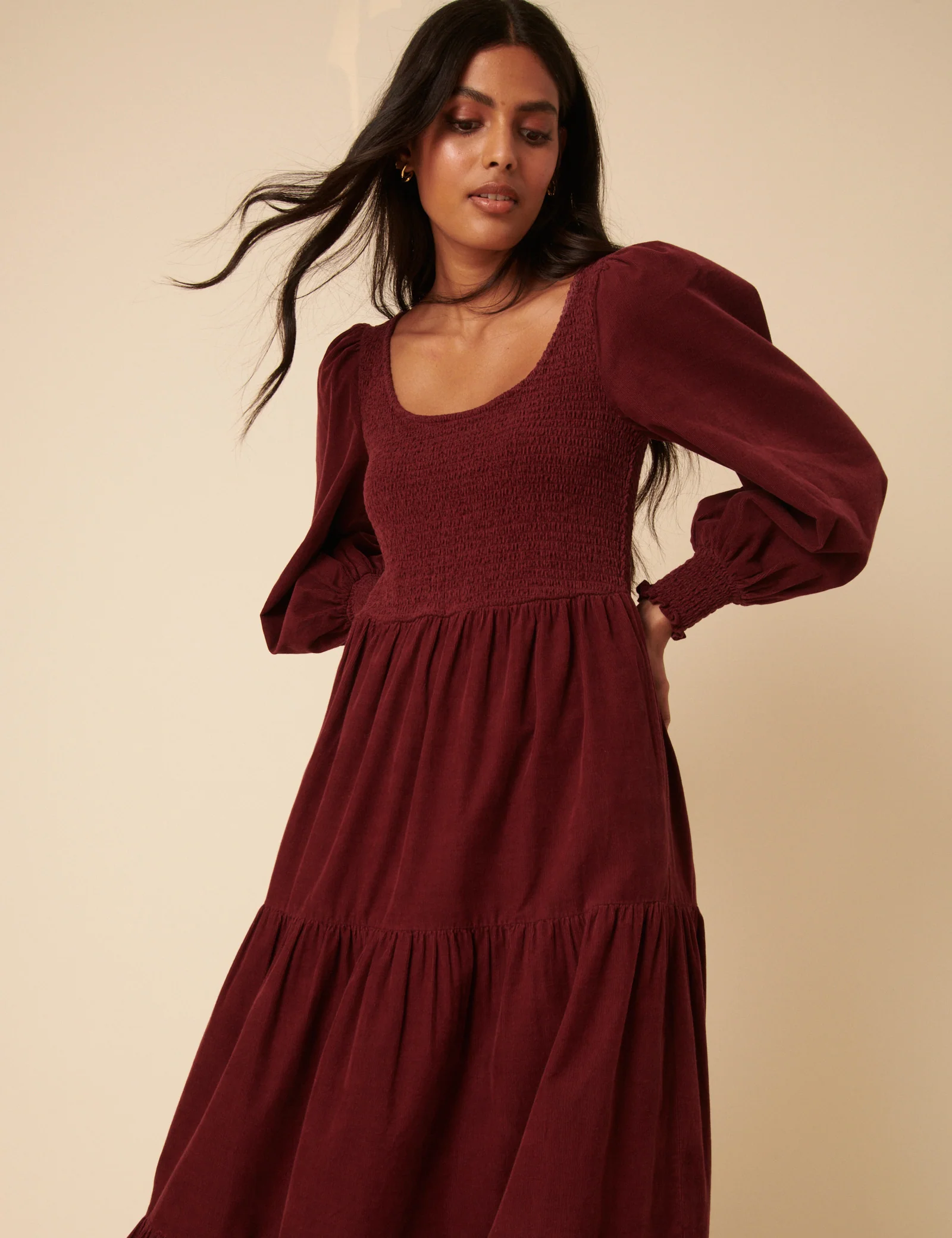 Burgundy Cord Tiered Ruby Midi Dress - Image 3
