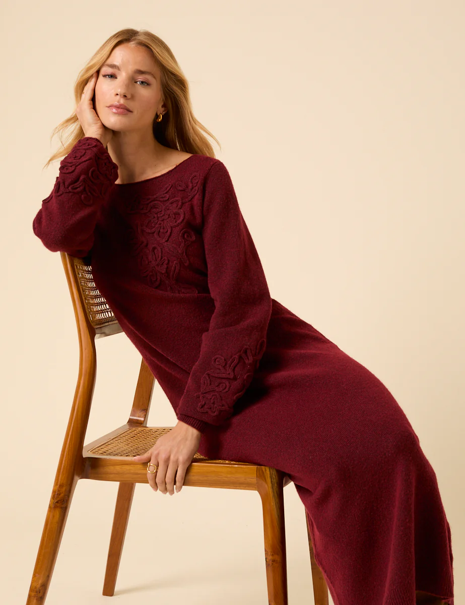 Burgundy Floral Embroidered Knitted Long Sleeve Midi Dress - Image 2