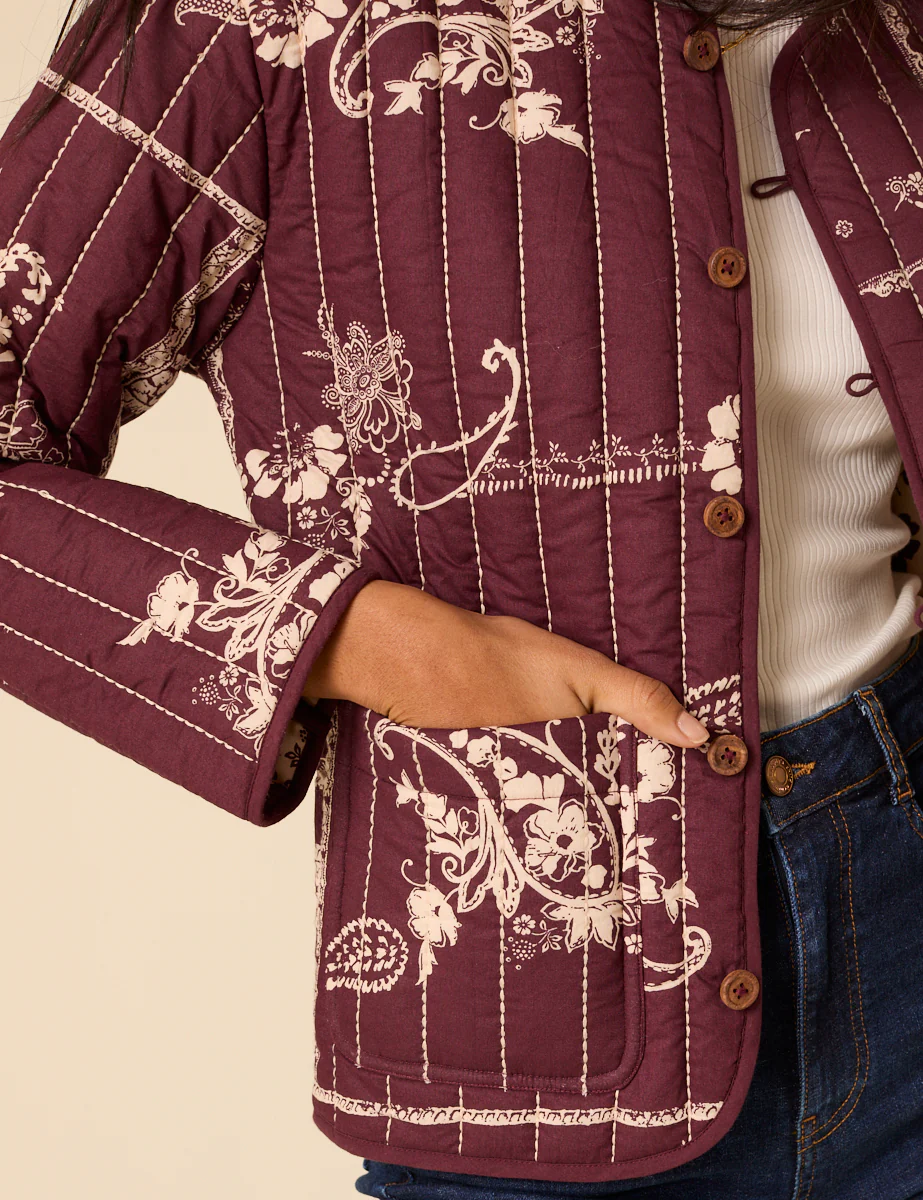 Burgundy Floral Reversible Quilted Jacket - Image 3
