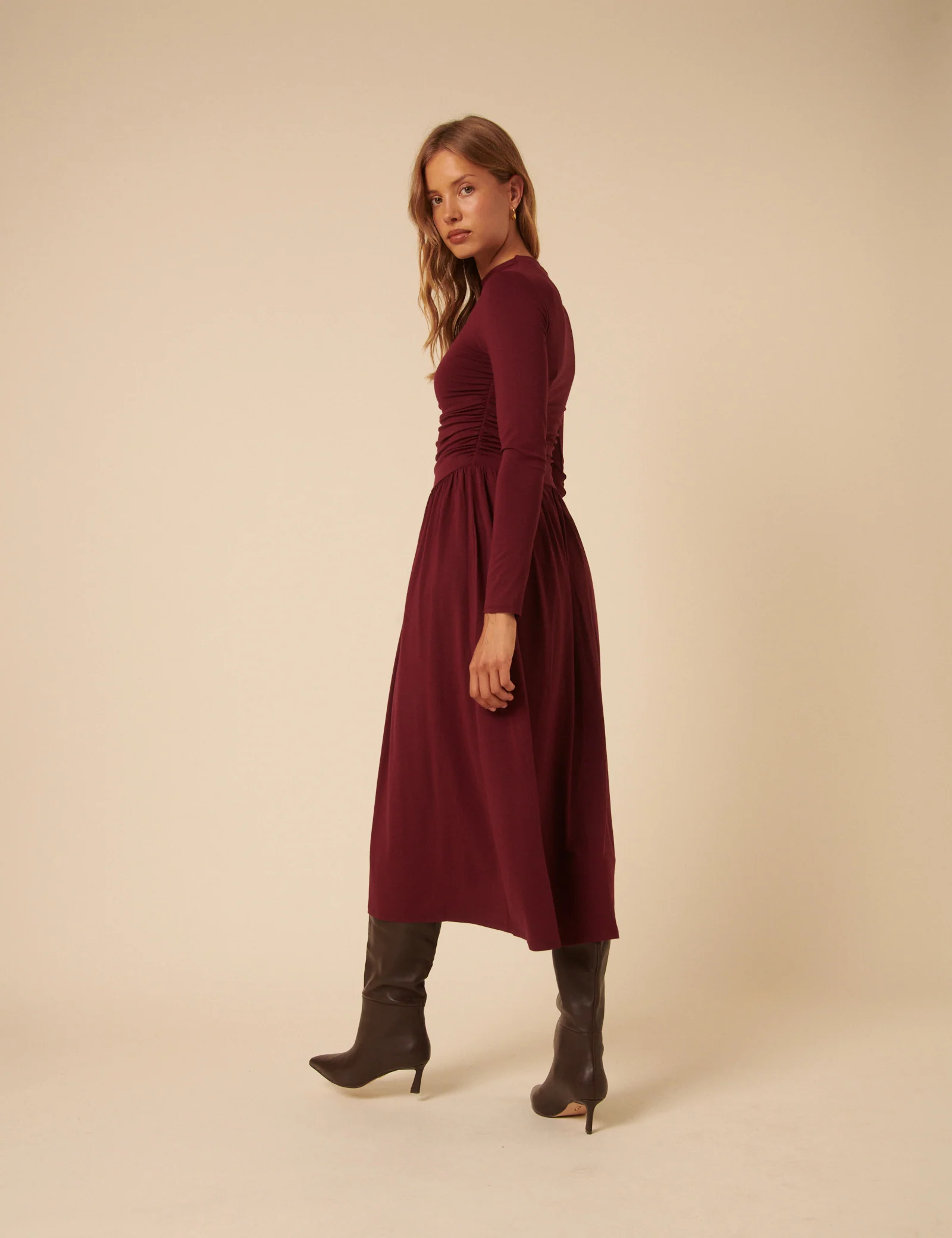 Burgundy Long Sleeve Drop Waist Aubrey Midaxi Dress - Image 5