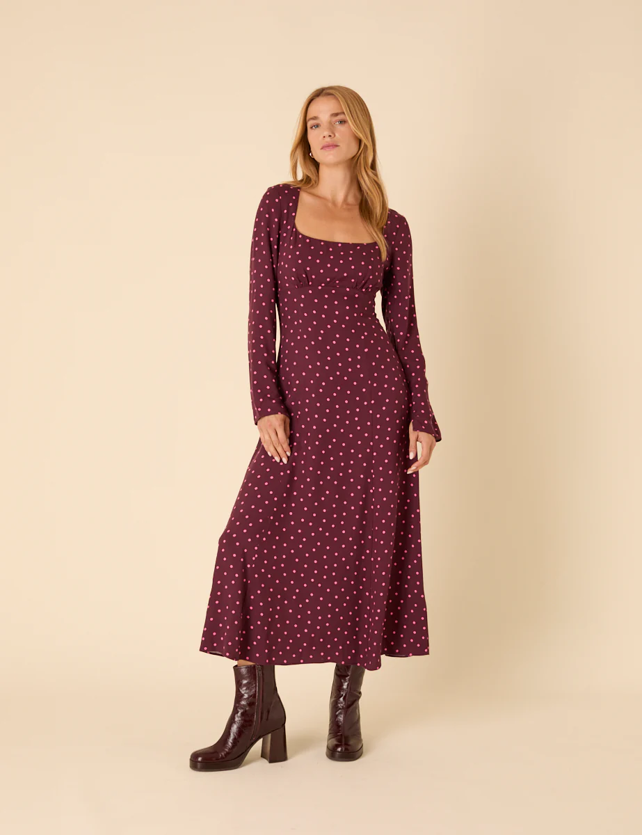 Burgundy Polka Dot Delilah Midi Dress