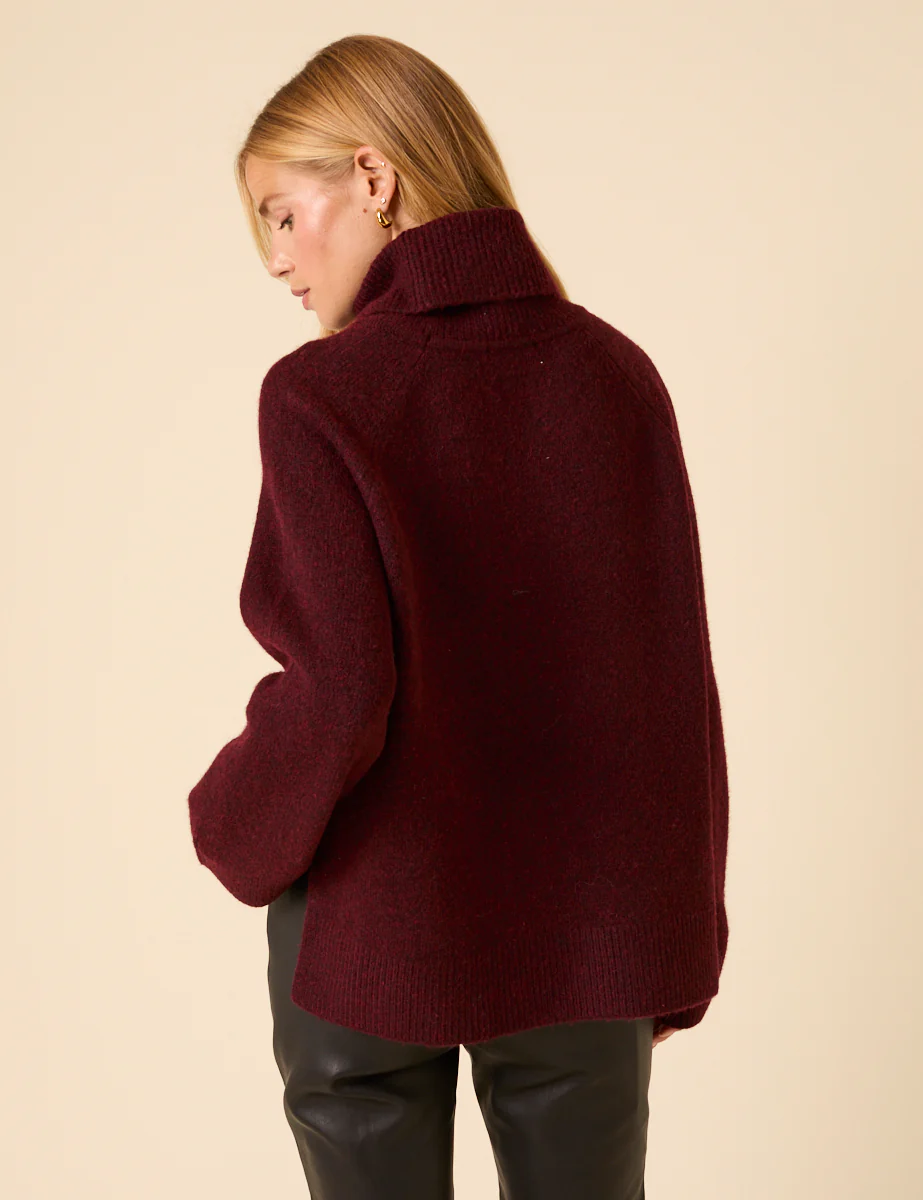 Burgundy Roll Neck Relaxed Knitted Jumper - Image 4