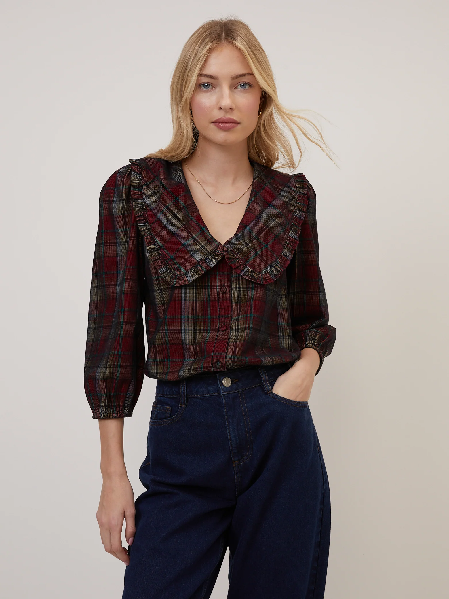 Burgundy Tartan Cord Peter Pan Collar Emmie Blouse - Image 3