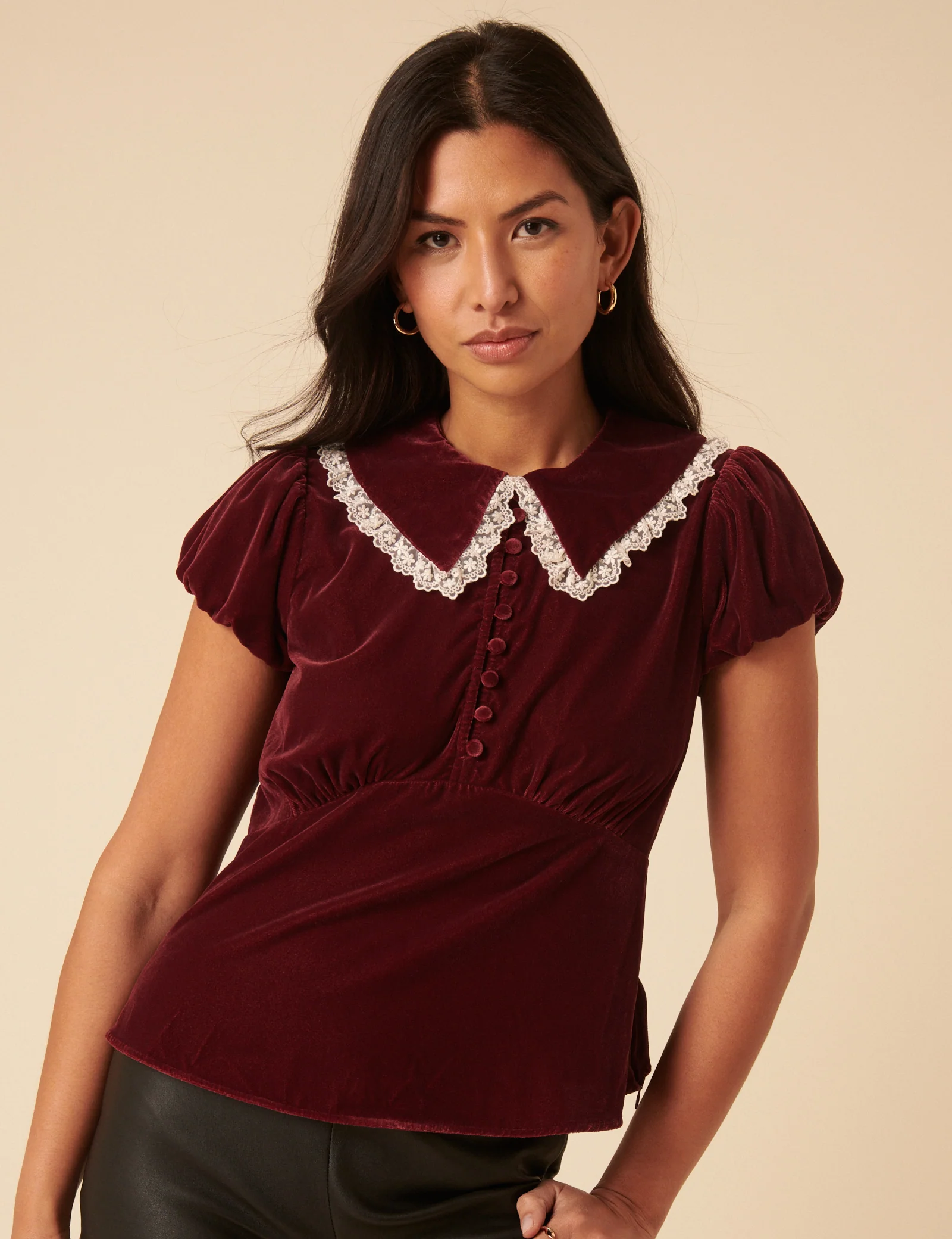 Burgundy Velvet Lace Trim Collar Top