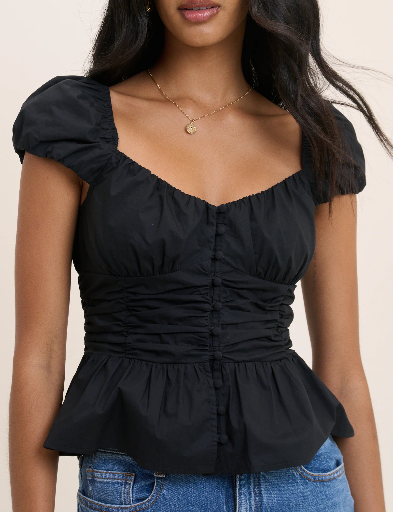 Black Ruched Puff Sleeve Caia Top - Image 4