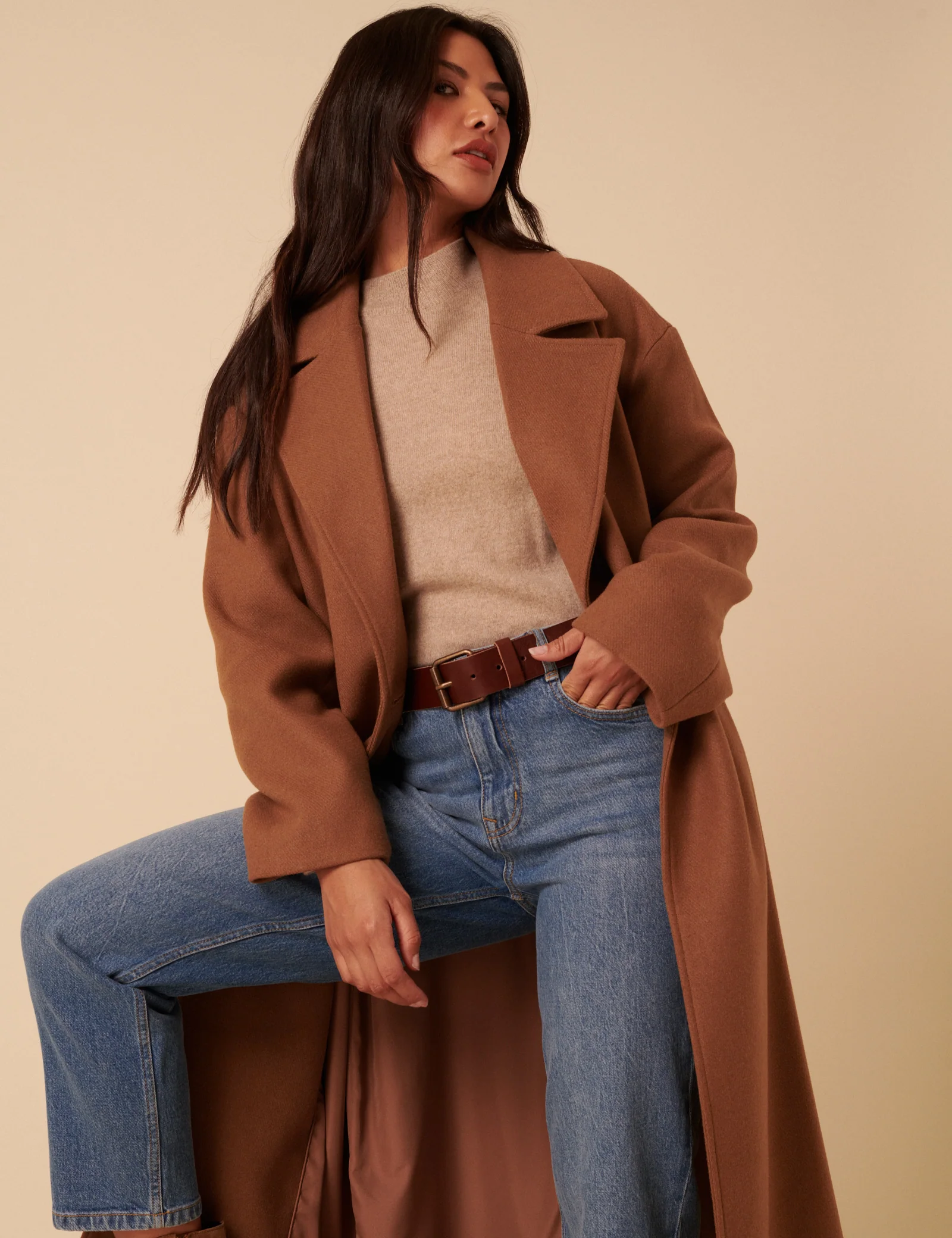 Camel Tie Belt Wrap Coat - Image 2