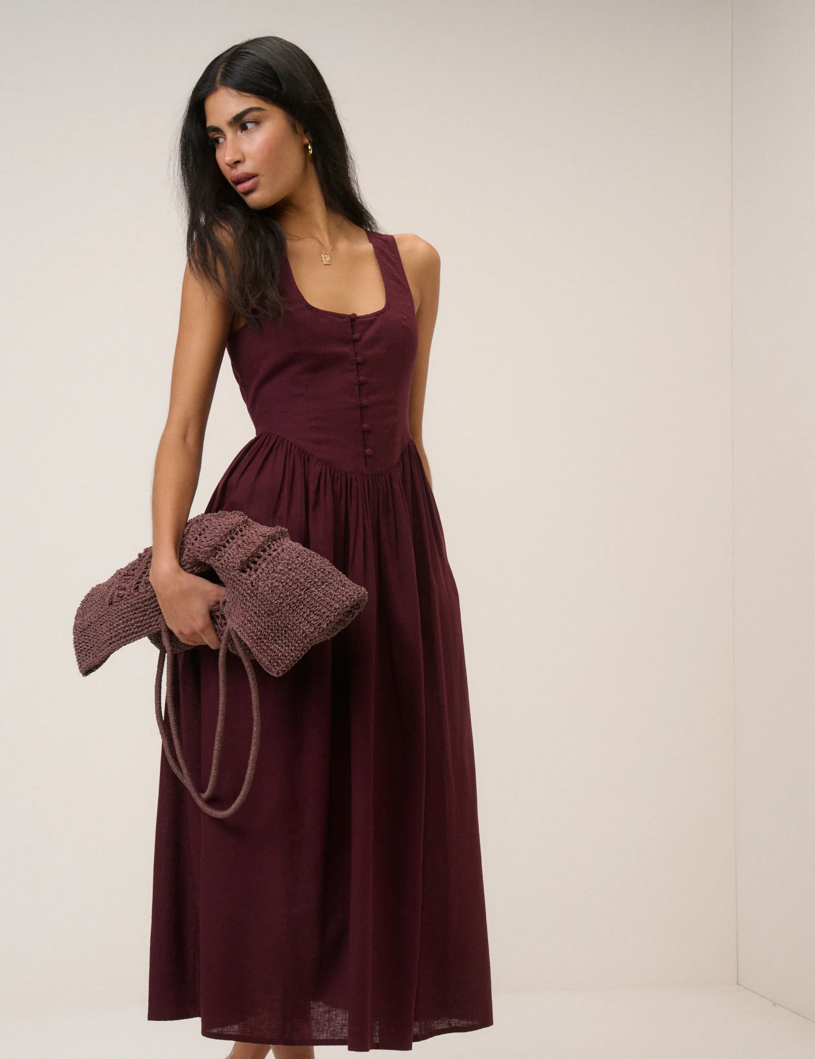 Plum Linen-blend Cora Midi Dress - Image 3