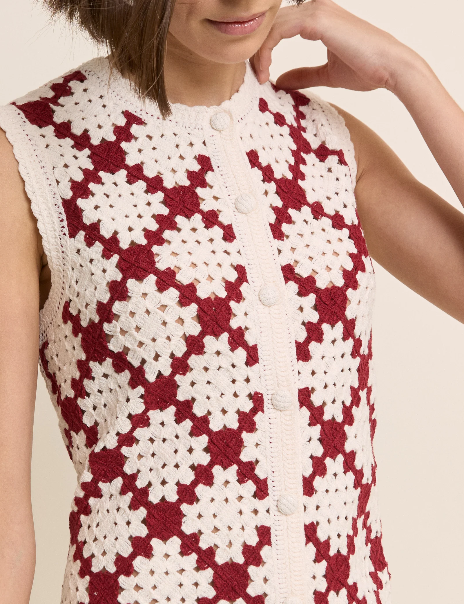 Red and White Crochet Button Through Mini Dress - Image 3