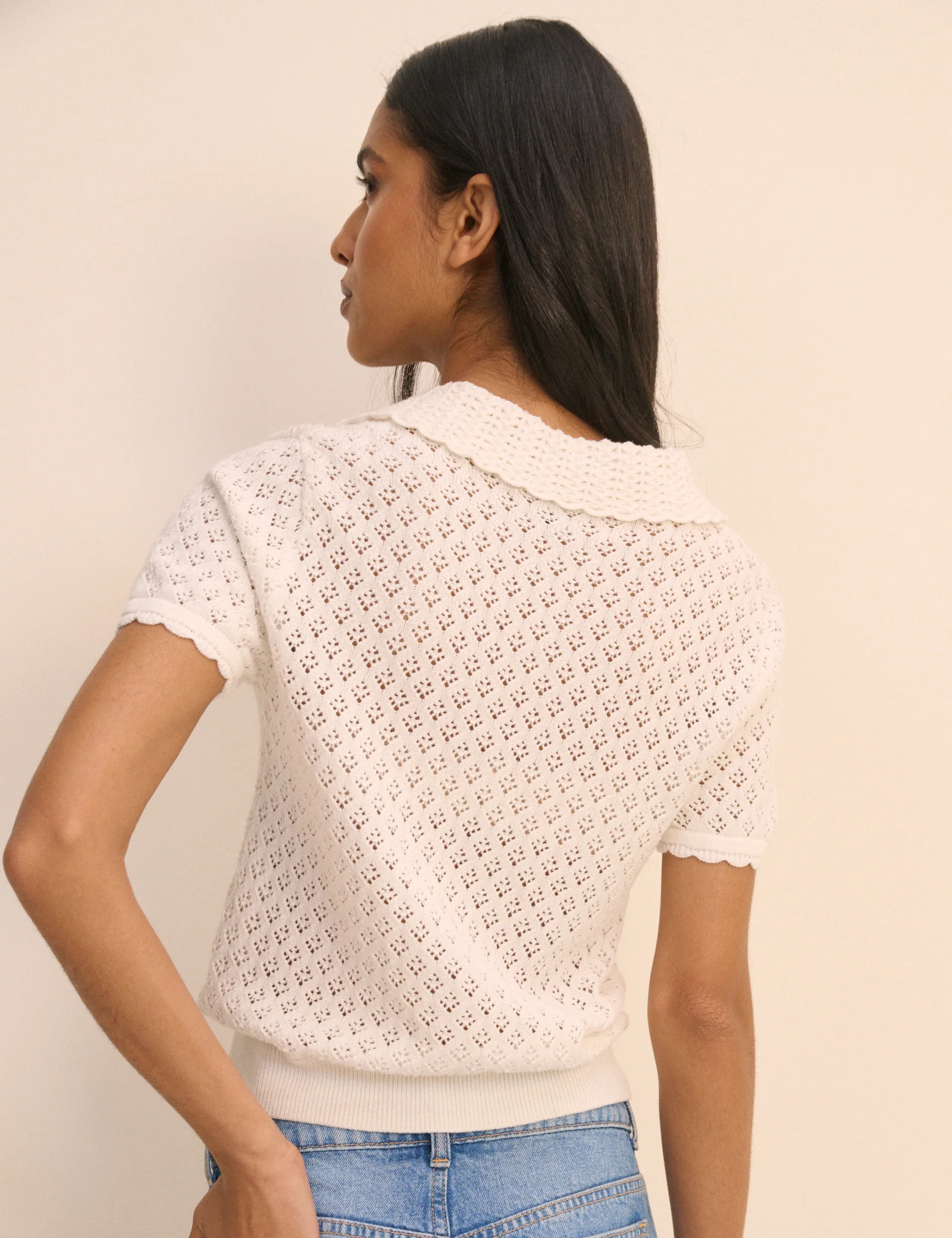 White Short Sleeve Crochet Collar Cardigan - Image 5