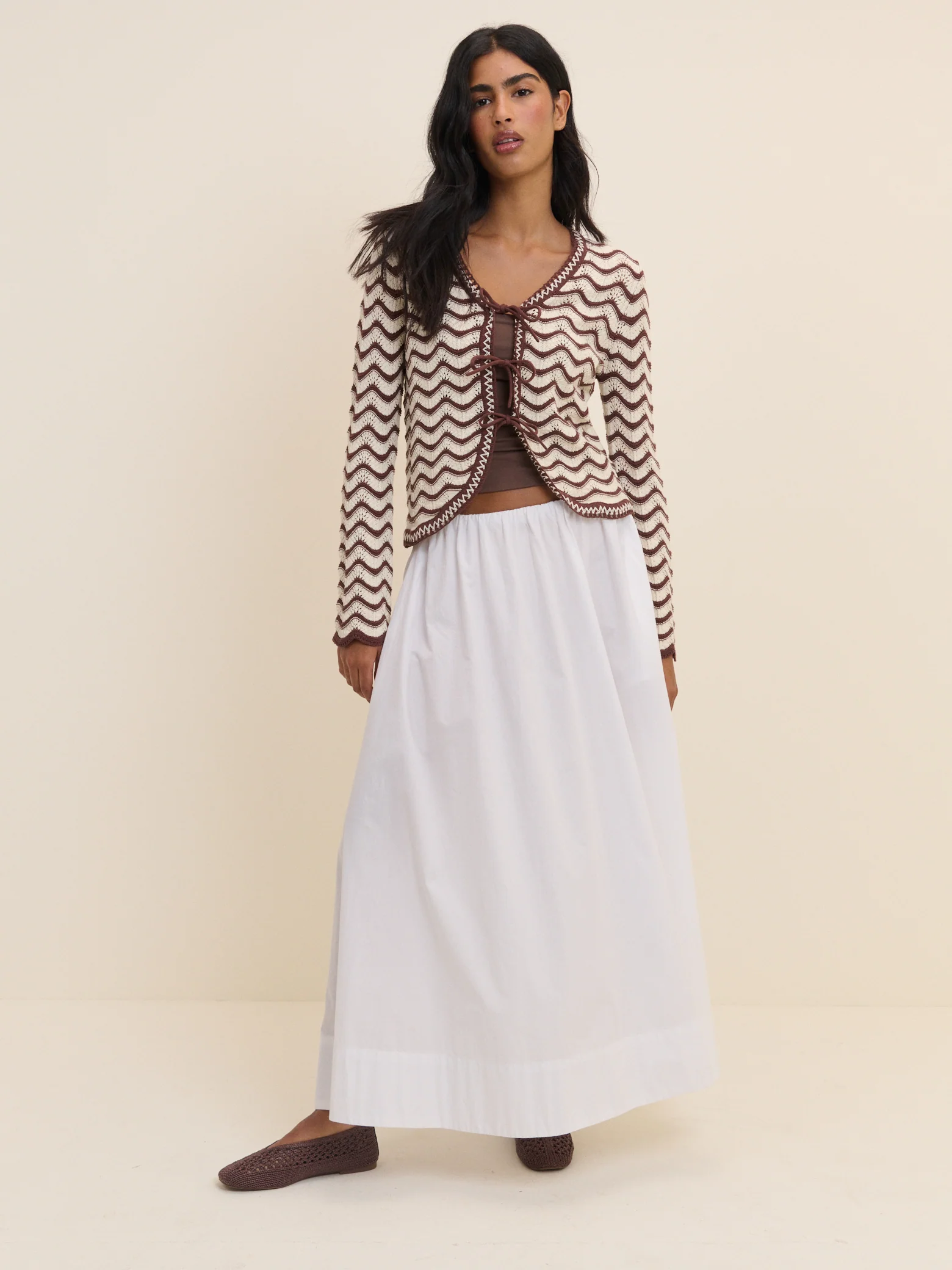 Cream and Brown Pointelle Knit Cardigan - Image 4