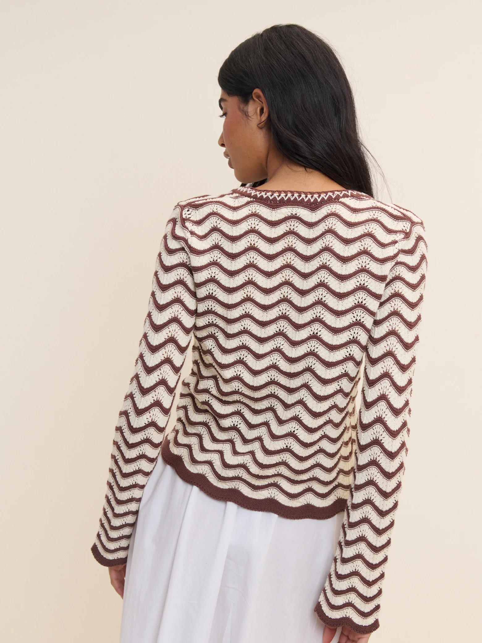 Cream and Brown Pointelle Knit Cardigan - Image 5