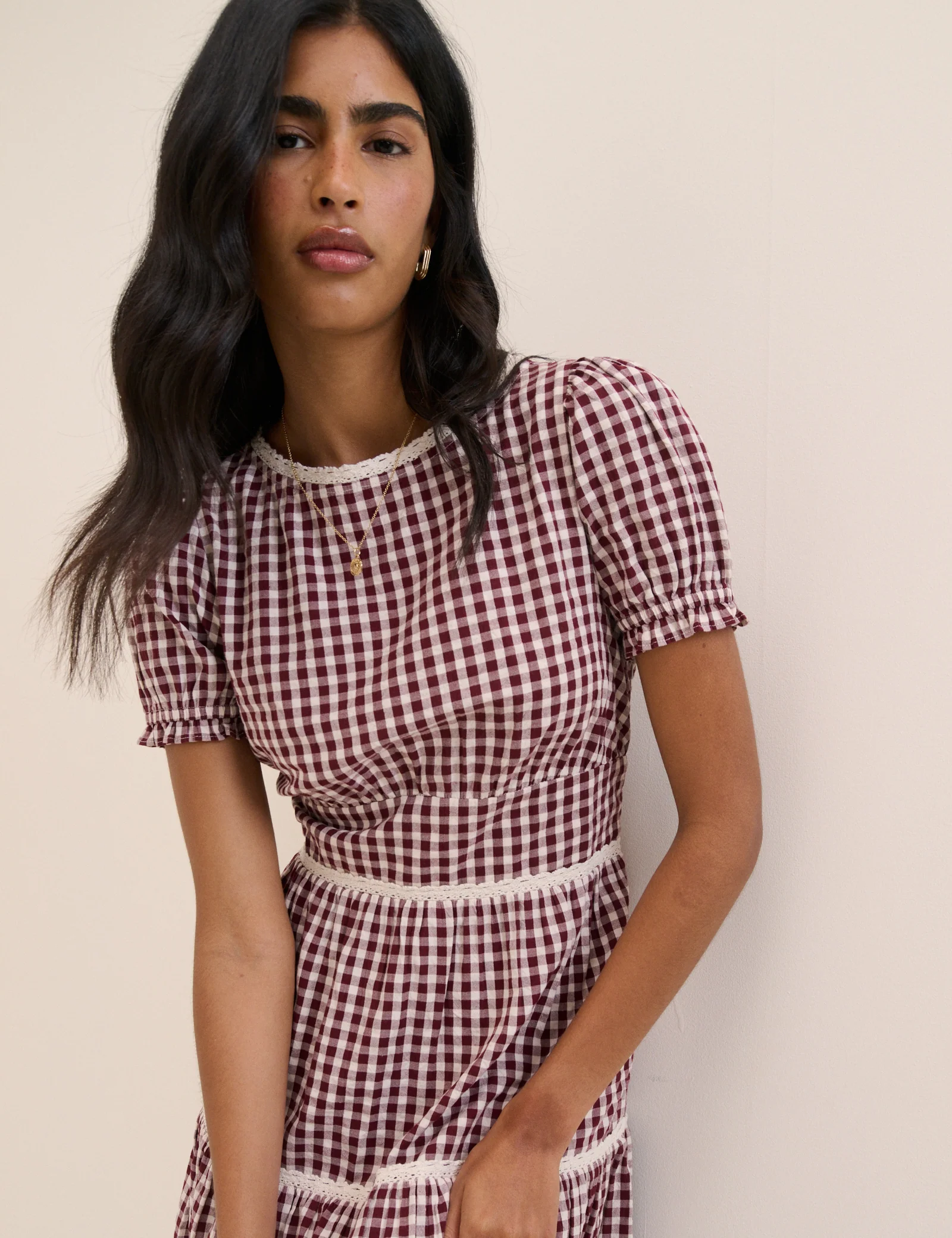 Burgundy Gingham Lace Trim Dara Midi Dress - Image 3