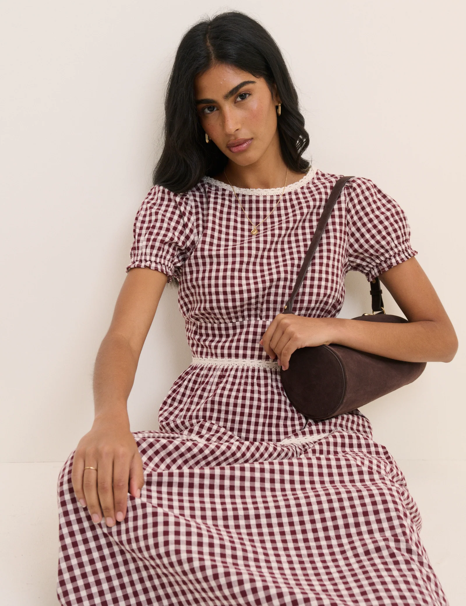 Burgundy Gingham Lace Trim Dara Midi Dress - Image 4