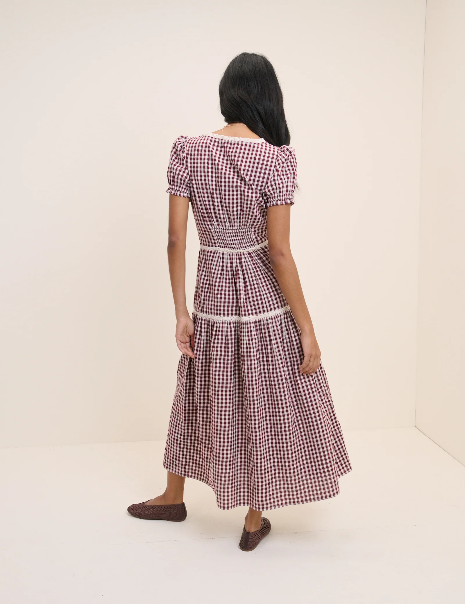 Burgundy Gingham Lace Trim Dara Midi Dress - Image 5