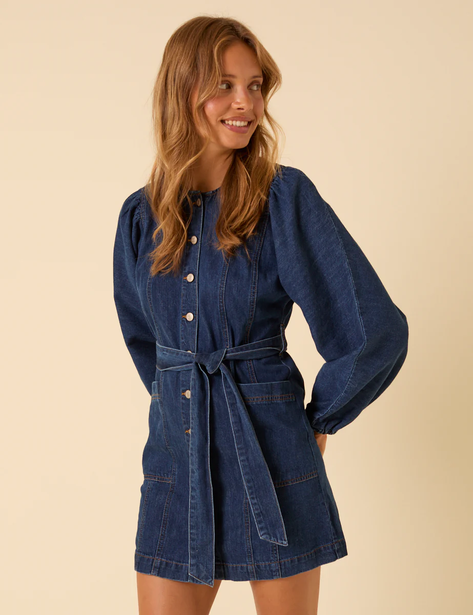 Dark Blue Denim Carlee Tie Waist Mini Dress - Image 2