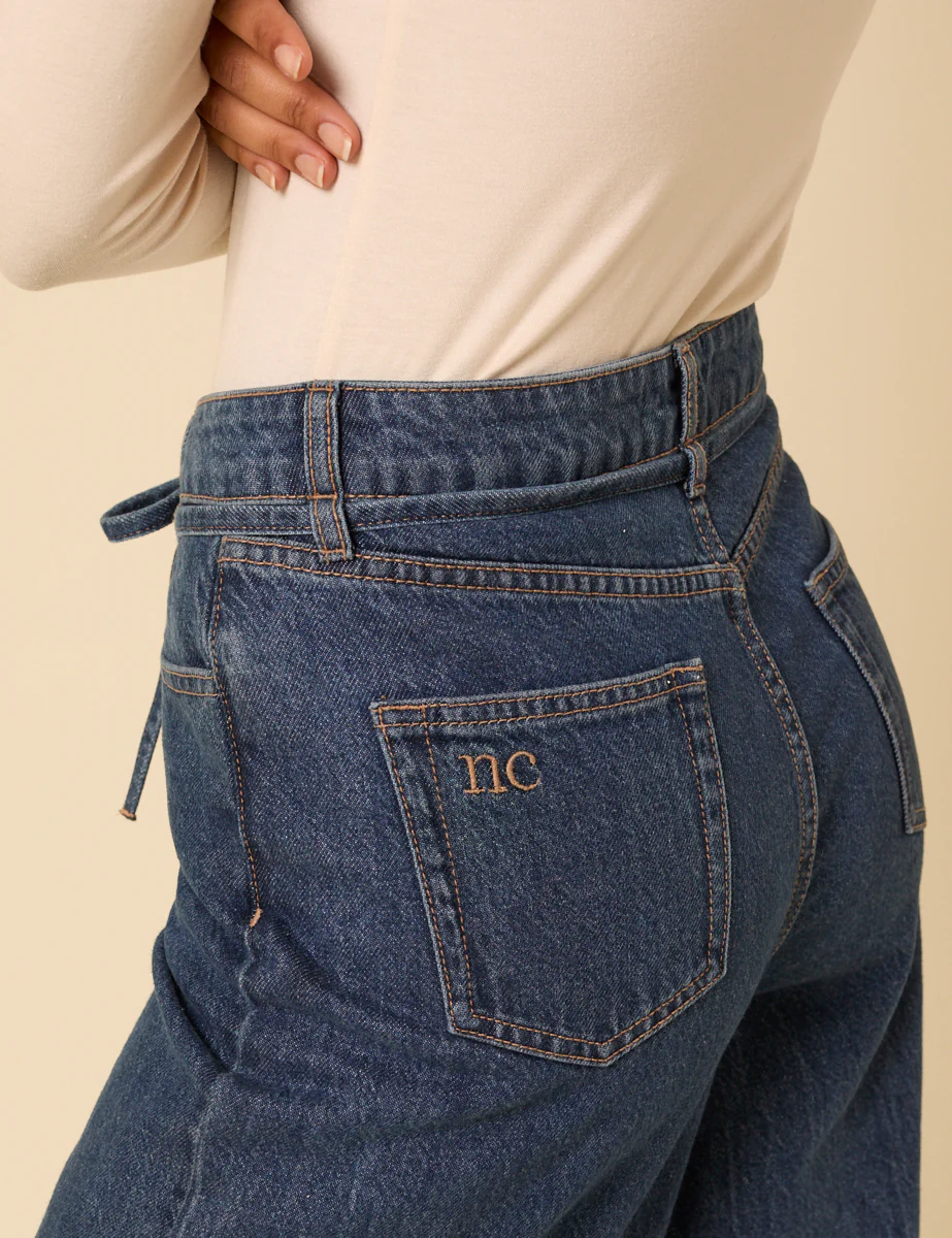 Dark Blue High Rise Tie Waist Wide Leg Jeans - Image 5