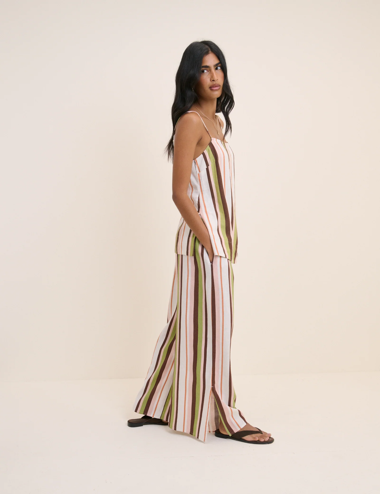 Multi-Coloured Striped Longline Linen-Blend Cami Top - Image 4