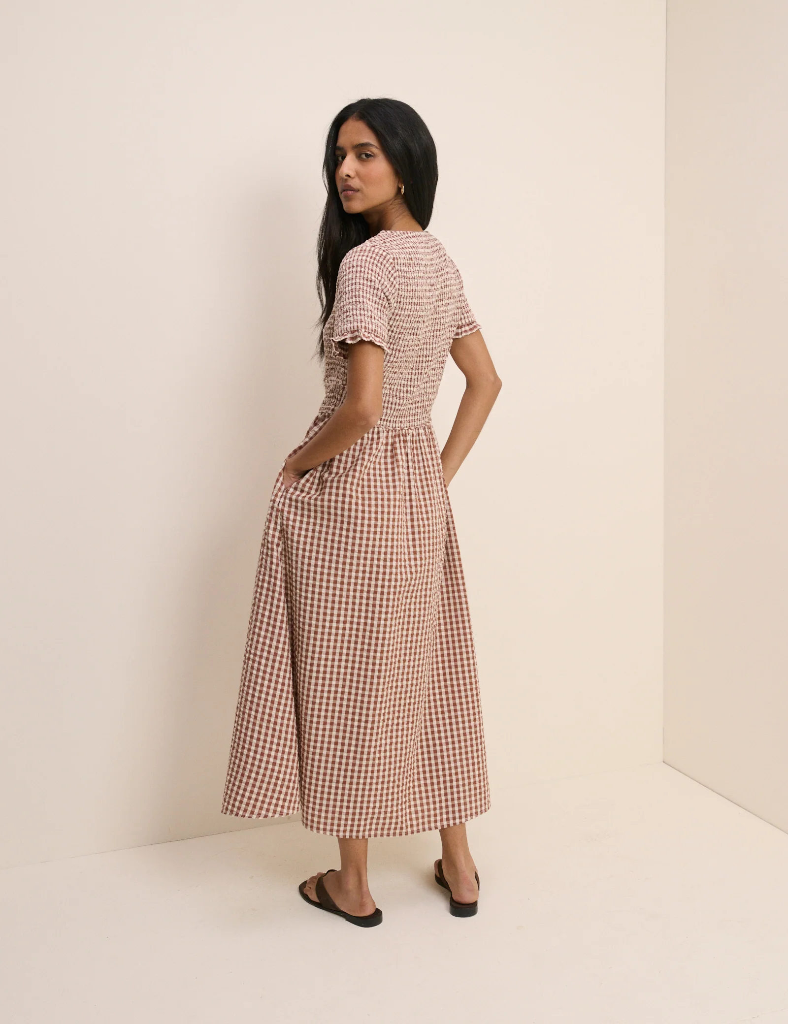 Brown Gingham Shirred Eliza Midi Dress - Image 5