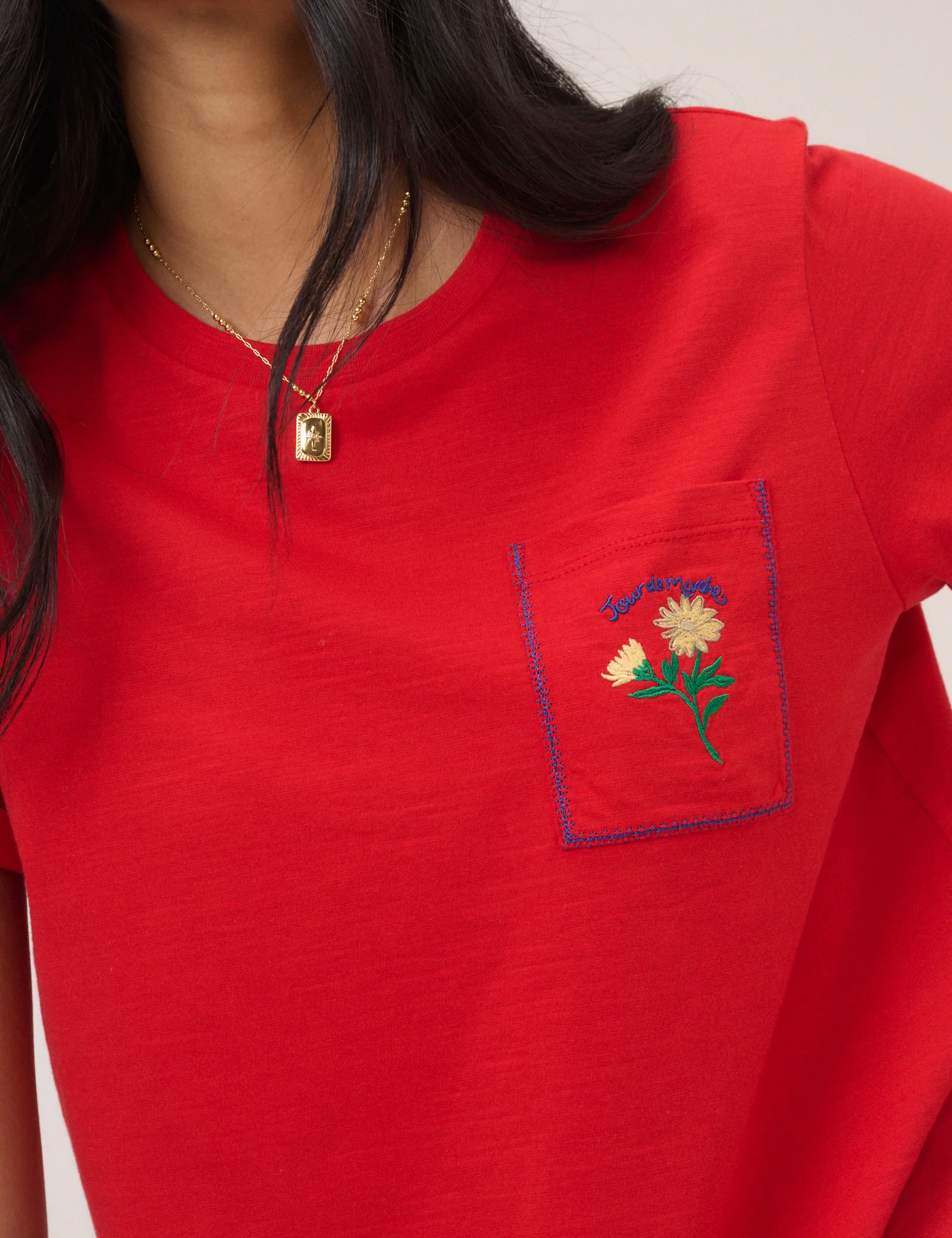 Red Embroidered Pocket T-Shirt - Image 2
