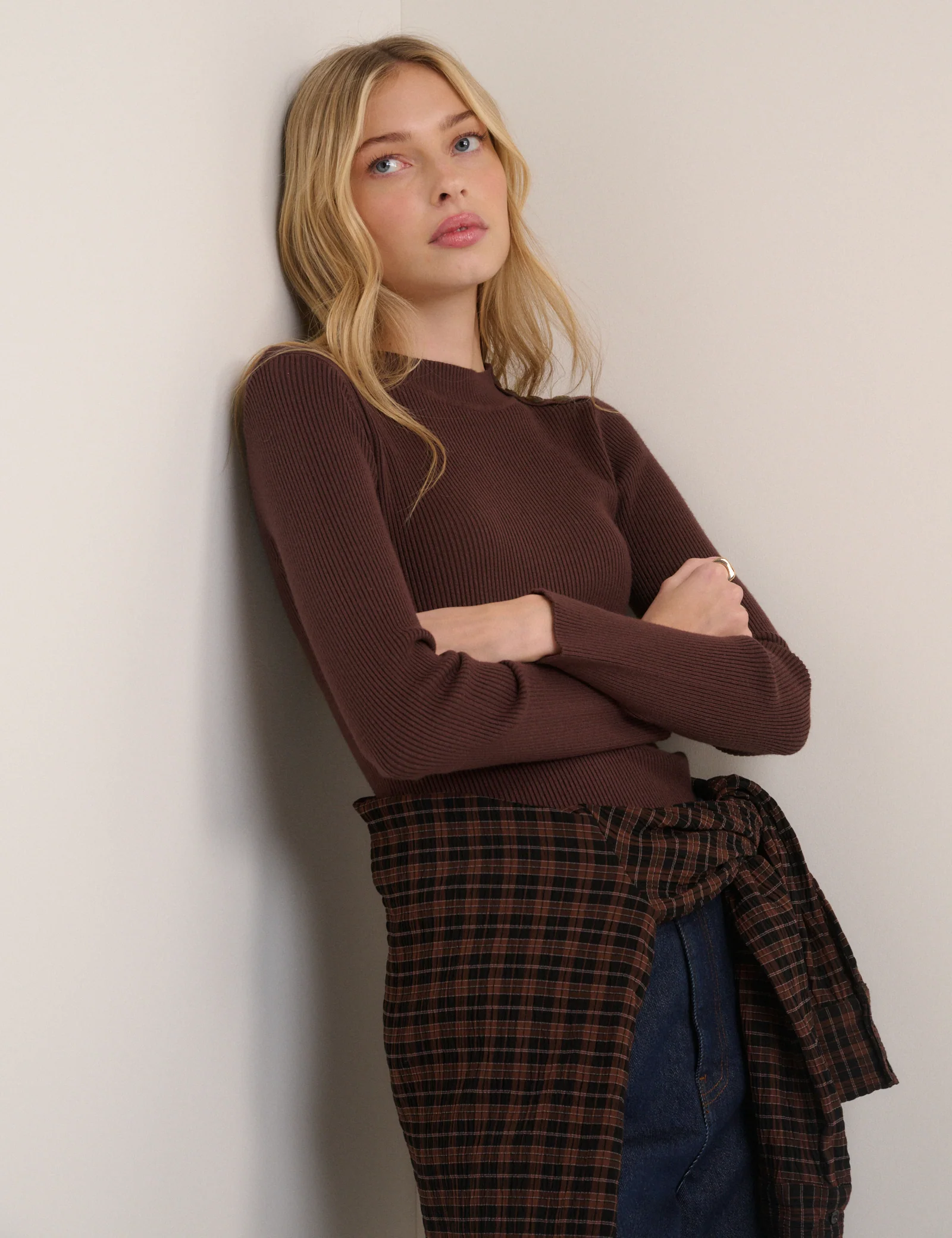 Brown Ribbed Knitted Mock Neck Top - Image 2