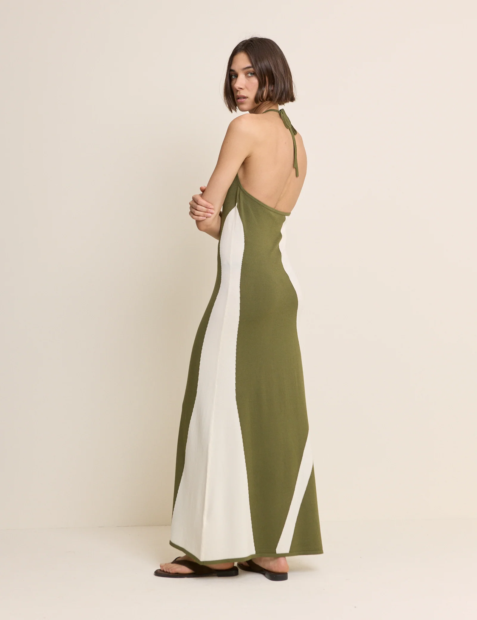 Khaki Abstract Striped Halterneck Maxi Dress - Image 4