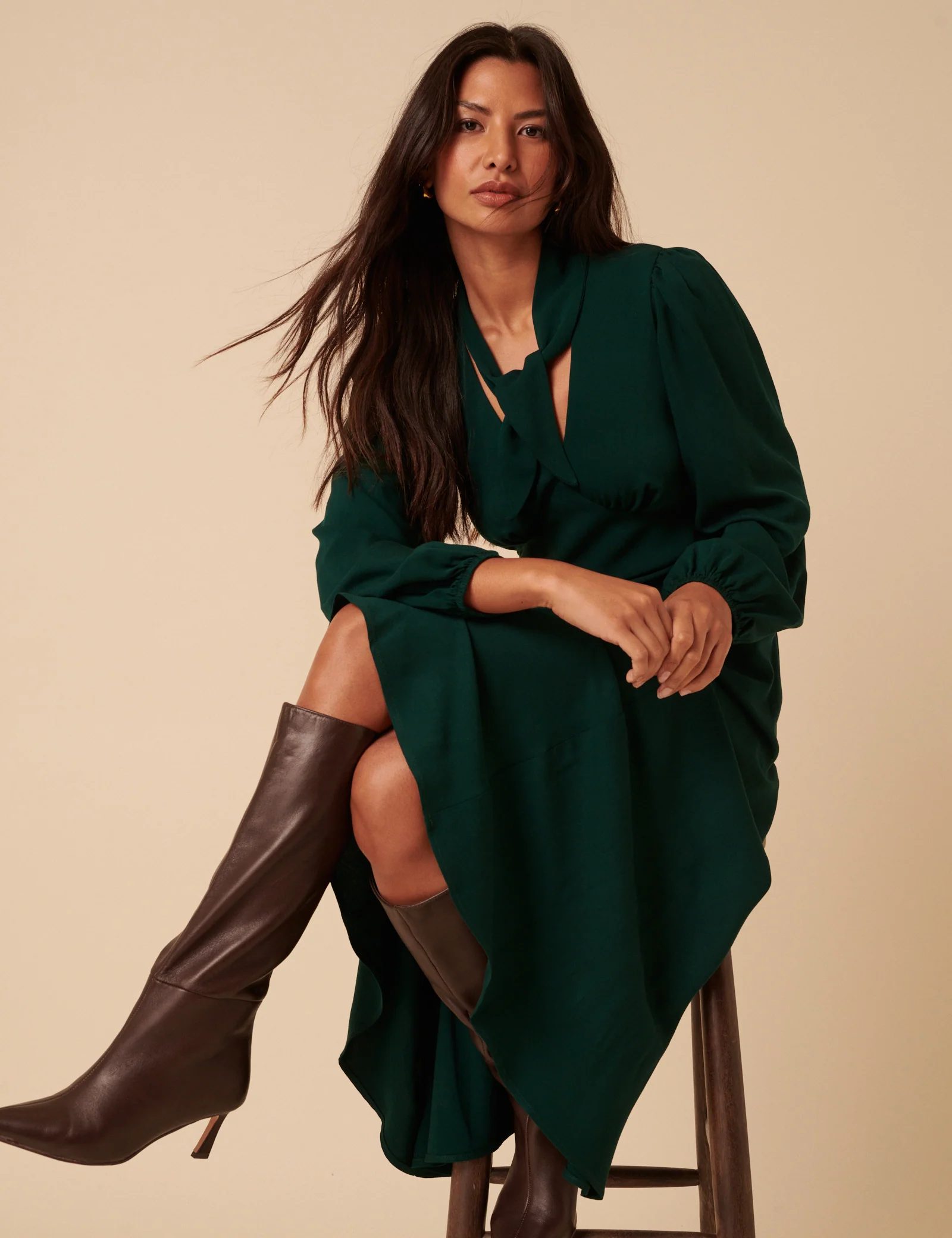 Forest Green Satin Balloon Sleeve Tie Neck Sadie Midi Dress - Image 2