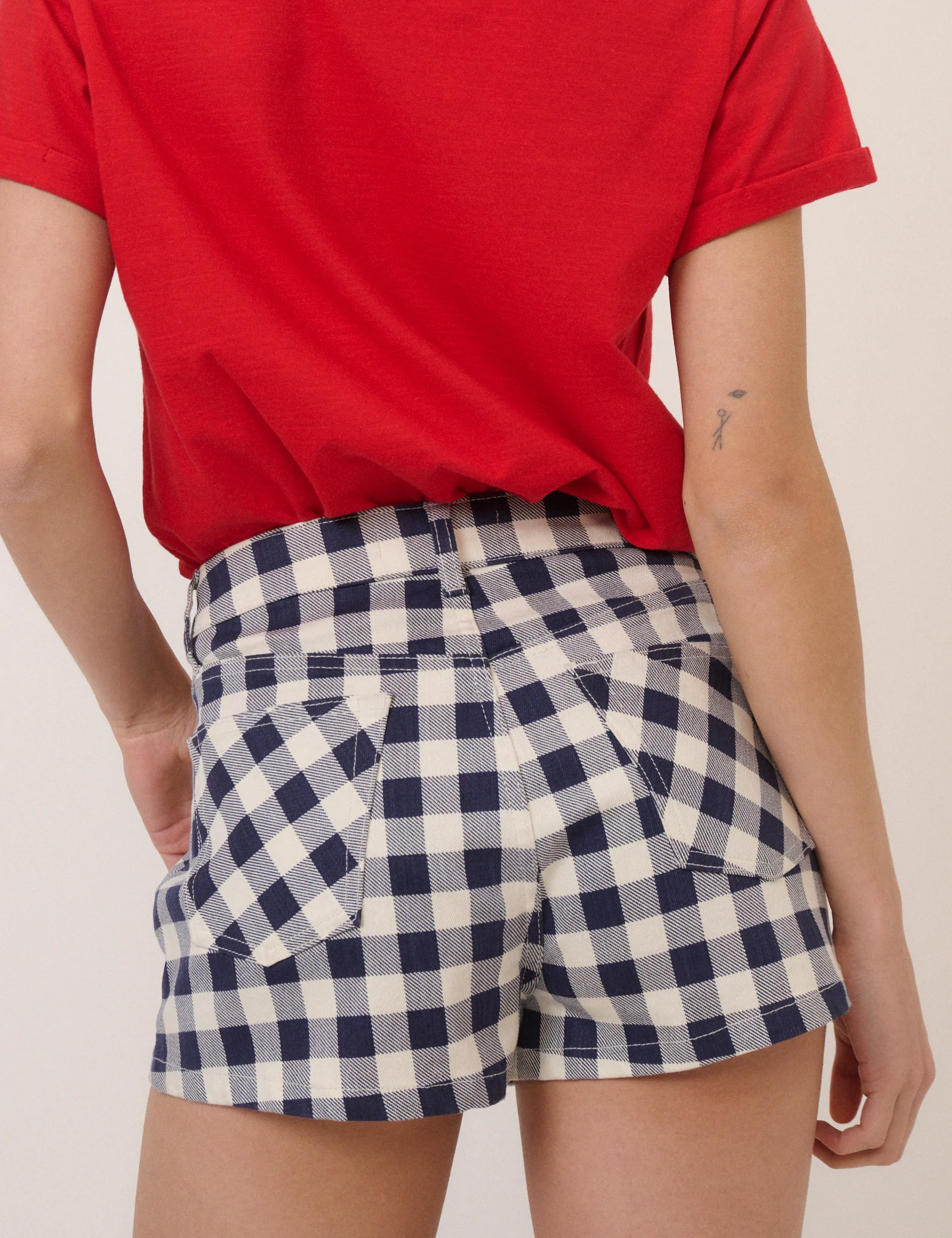 Navy Denim Gingham Mini Shorts - Image 5