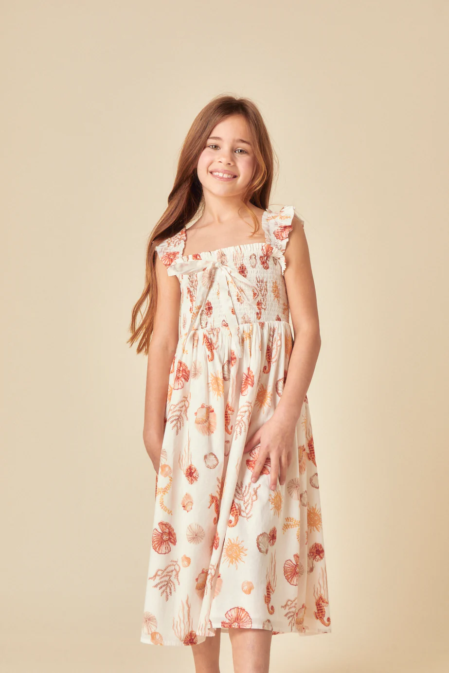 Elizabeth Scarlett Girls White Shell Print Hadley Midi Dress