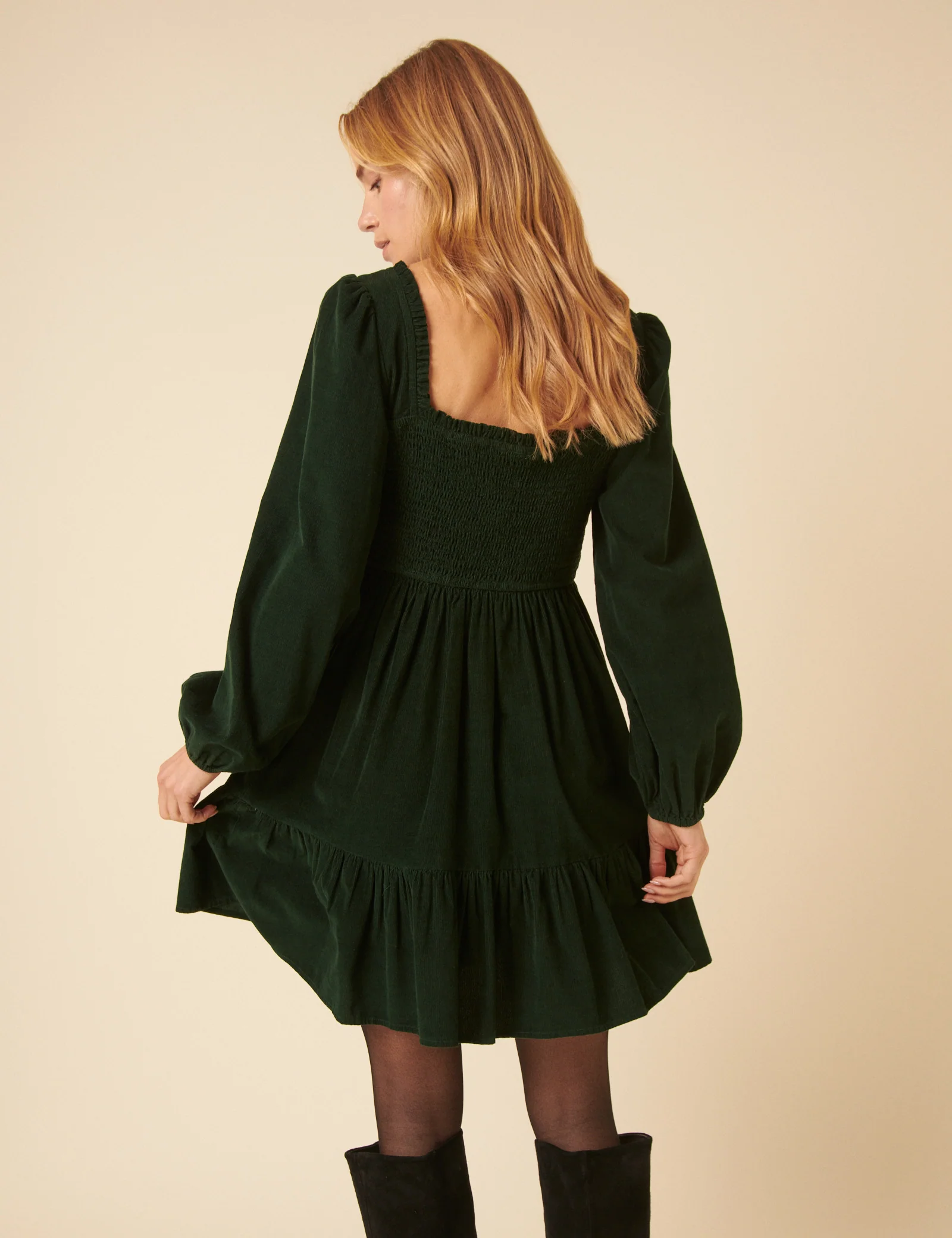 Green Balloon Sleeve Cord Tiered Elsa Mini Dress - Image 5