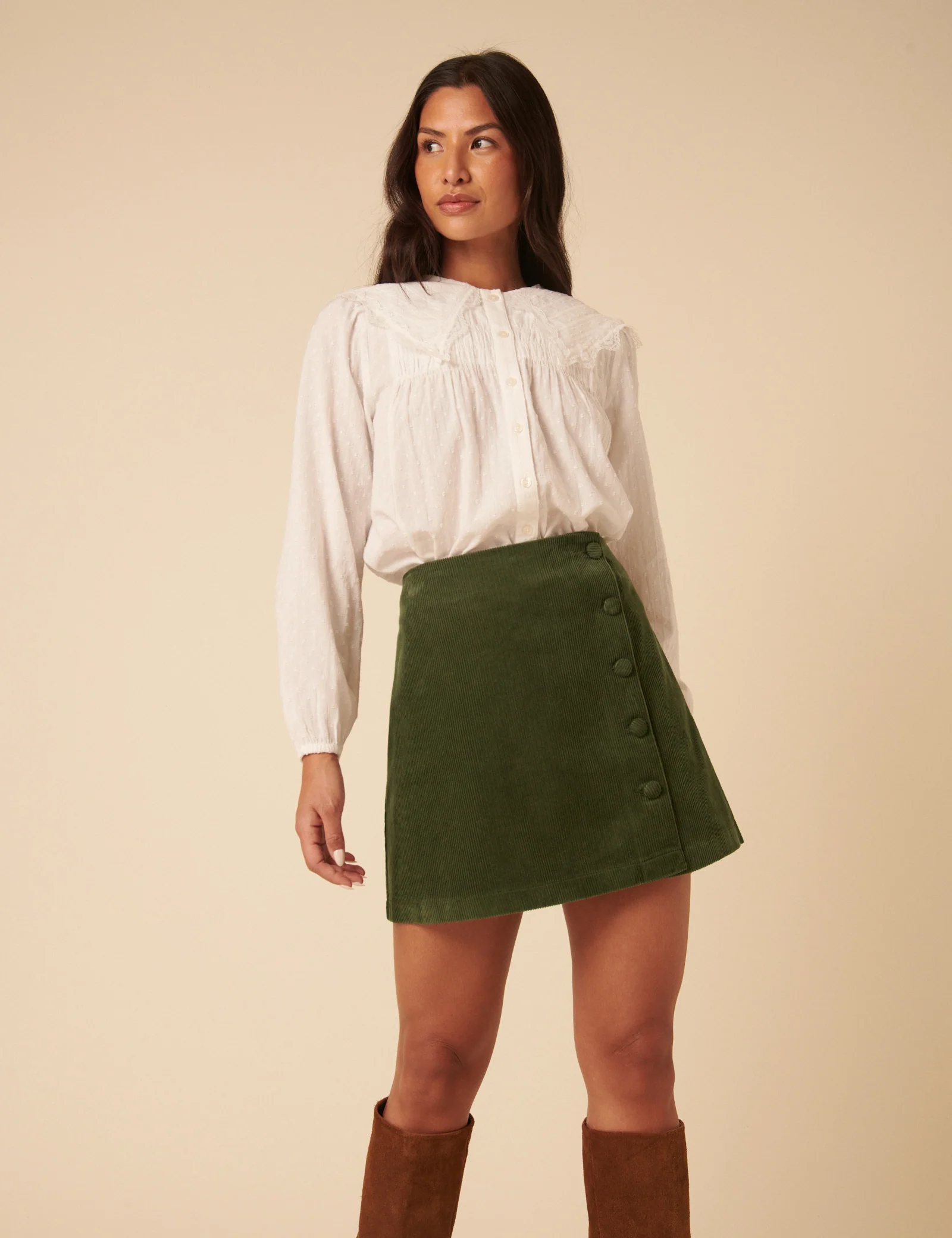 Green Cord Asymmetric Mini Skirt - Image 4