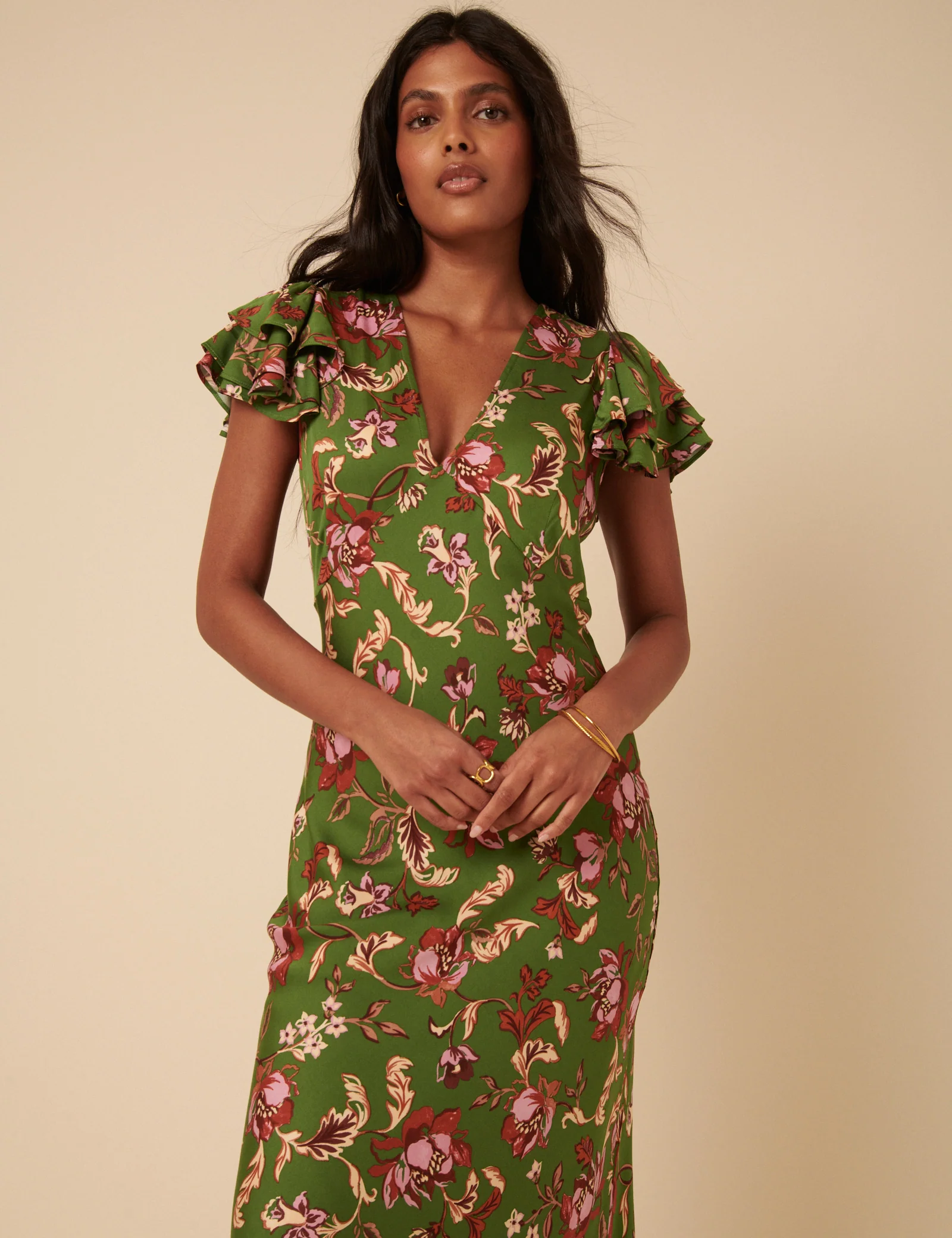 Green Floral Frill Sleeve Layla Midi Dress - Image 3