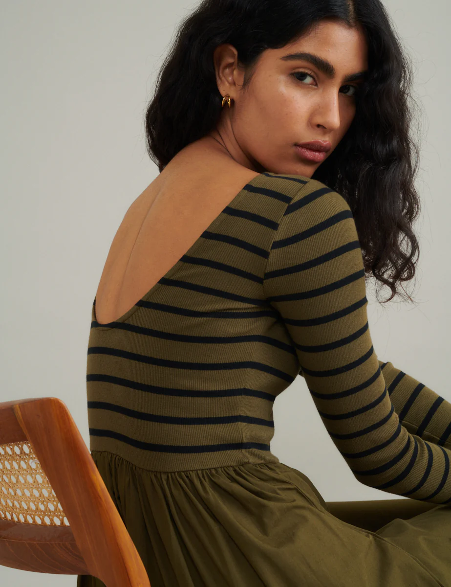 Green Striped Long Sleeve A-Line Penni Midi Dress - Image 2