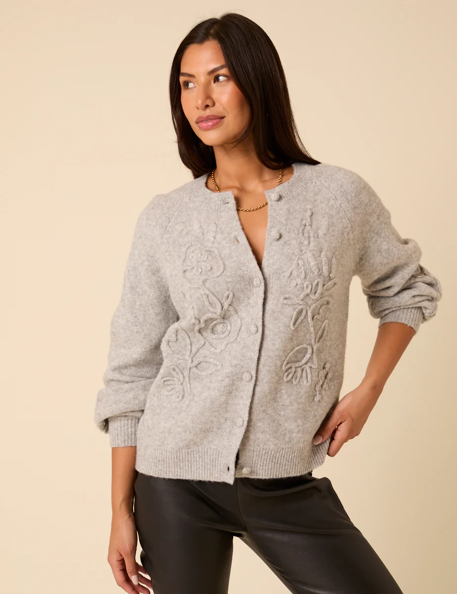 Grey Floral Embroidered Crew Neck Cardigan - Image 3