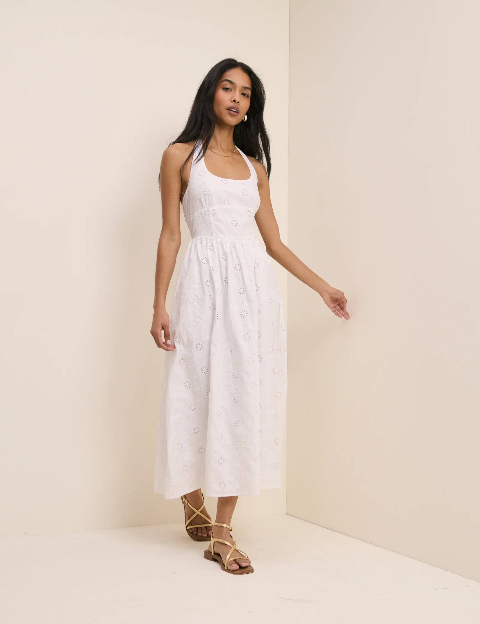 White Broderie Halterneck Hallie Midi Dress - Image 3