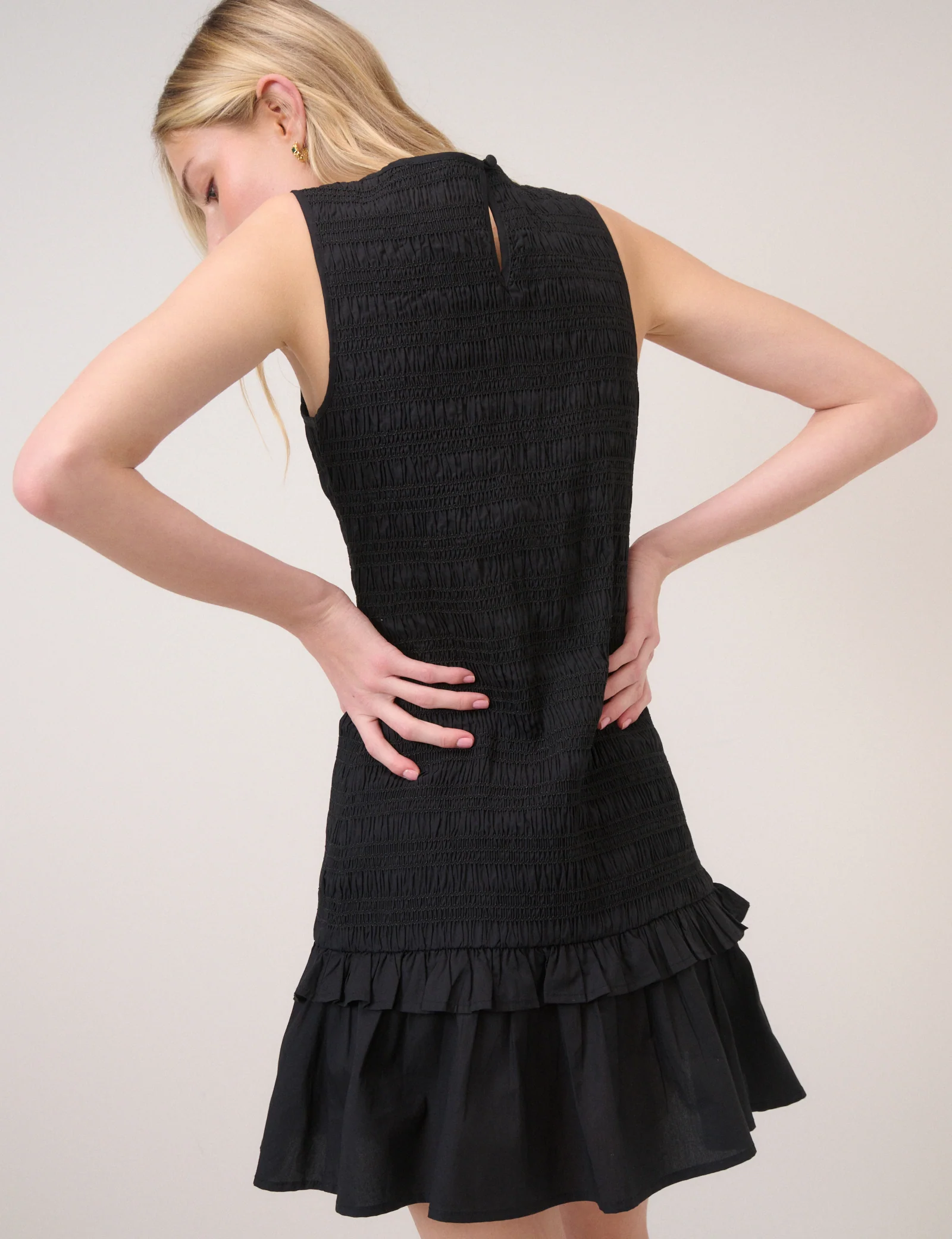 Black Shirred Henley Mini Dress - Image 5
