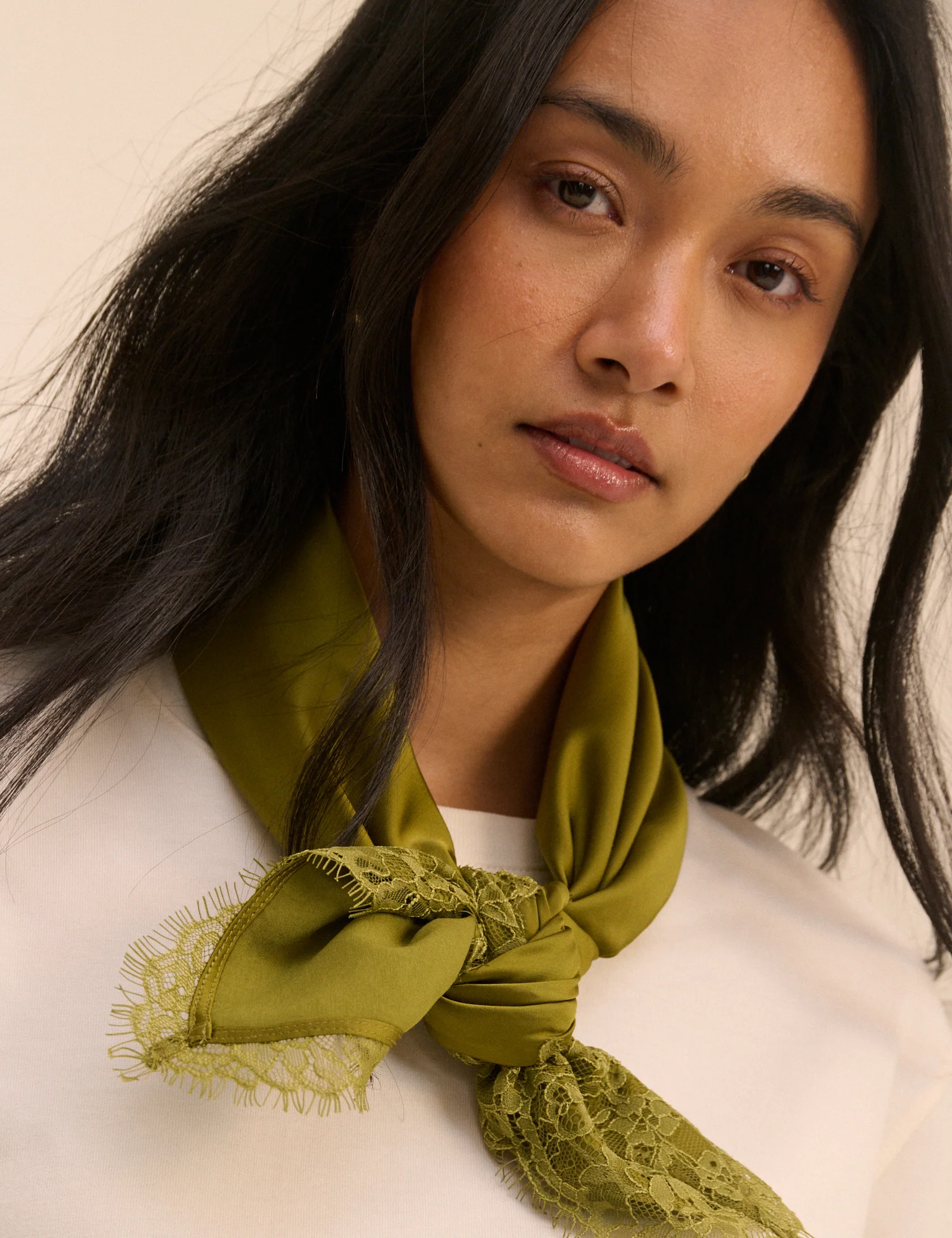 Olive Green Lace Trim Square Scarf - Image 4