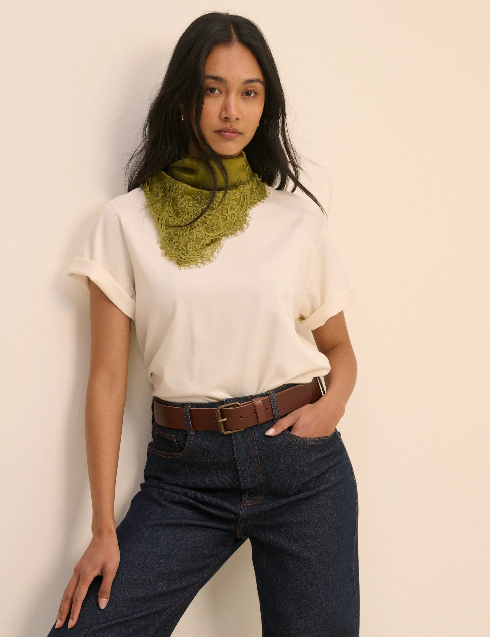 Olive Green Lace Trim Square Scarf - Image 5
