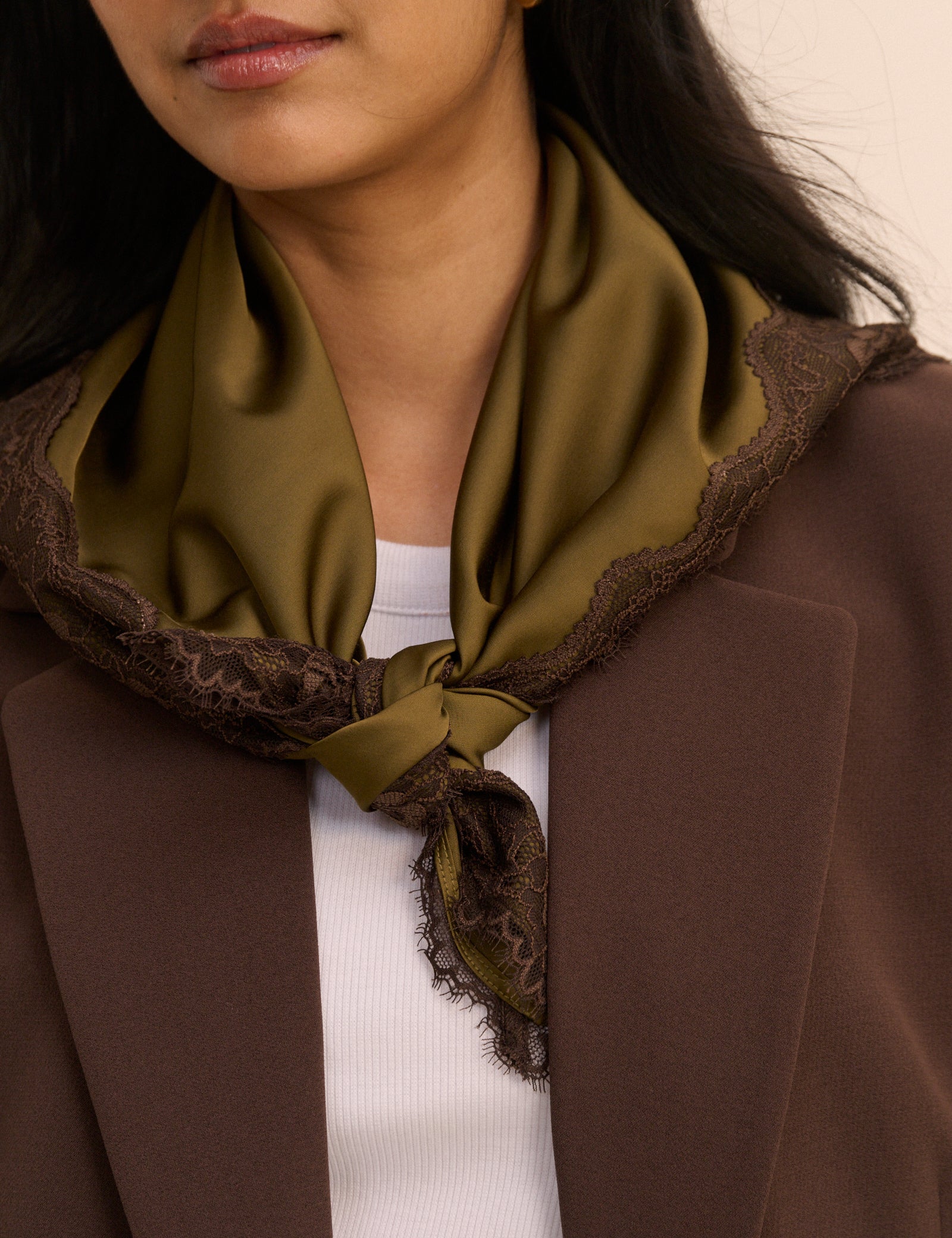 Khaki Green Lace Trim Square Scarf - Image 3