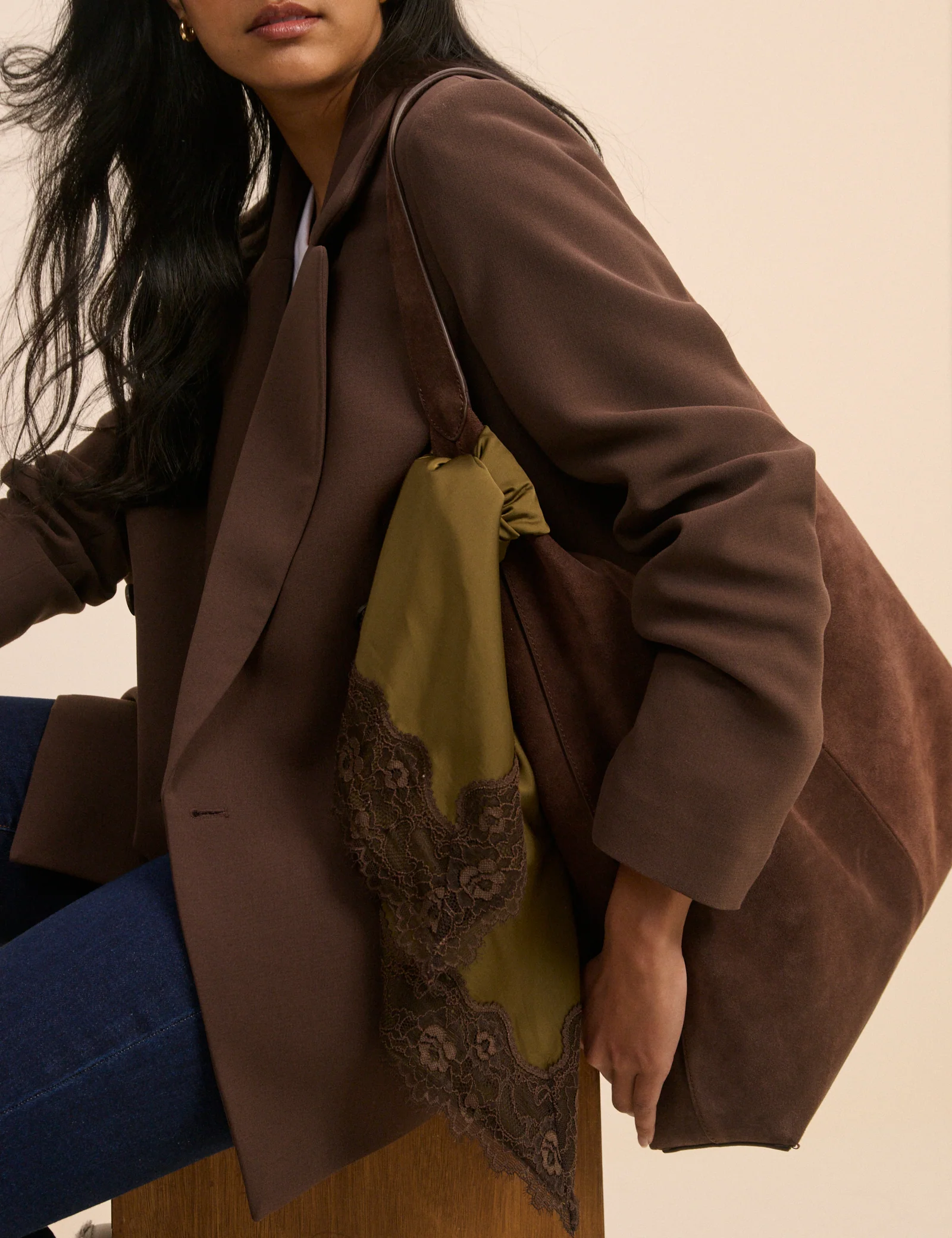 Khaki Green Lace Trim Square Scarf - Image 4
