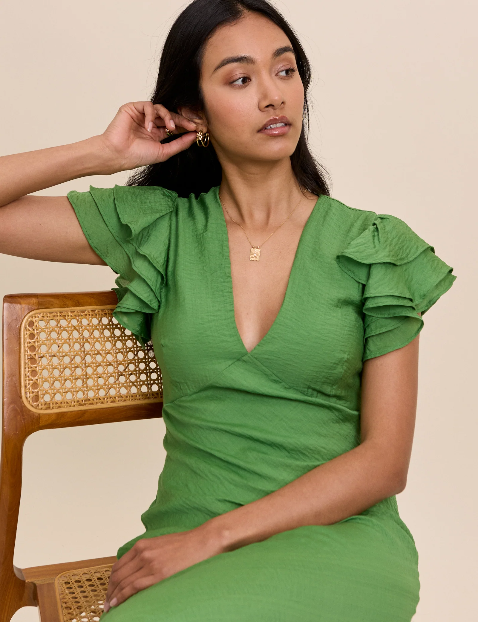 Green Frill Sleeve Layla Midi Dress - Image 4