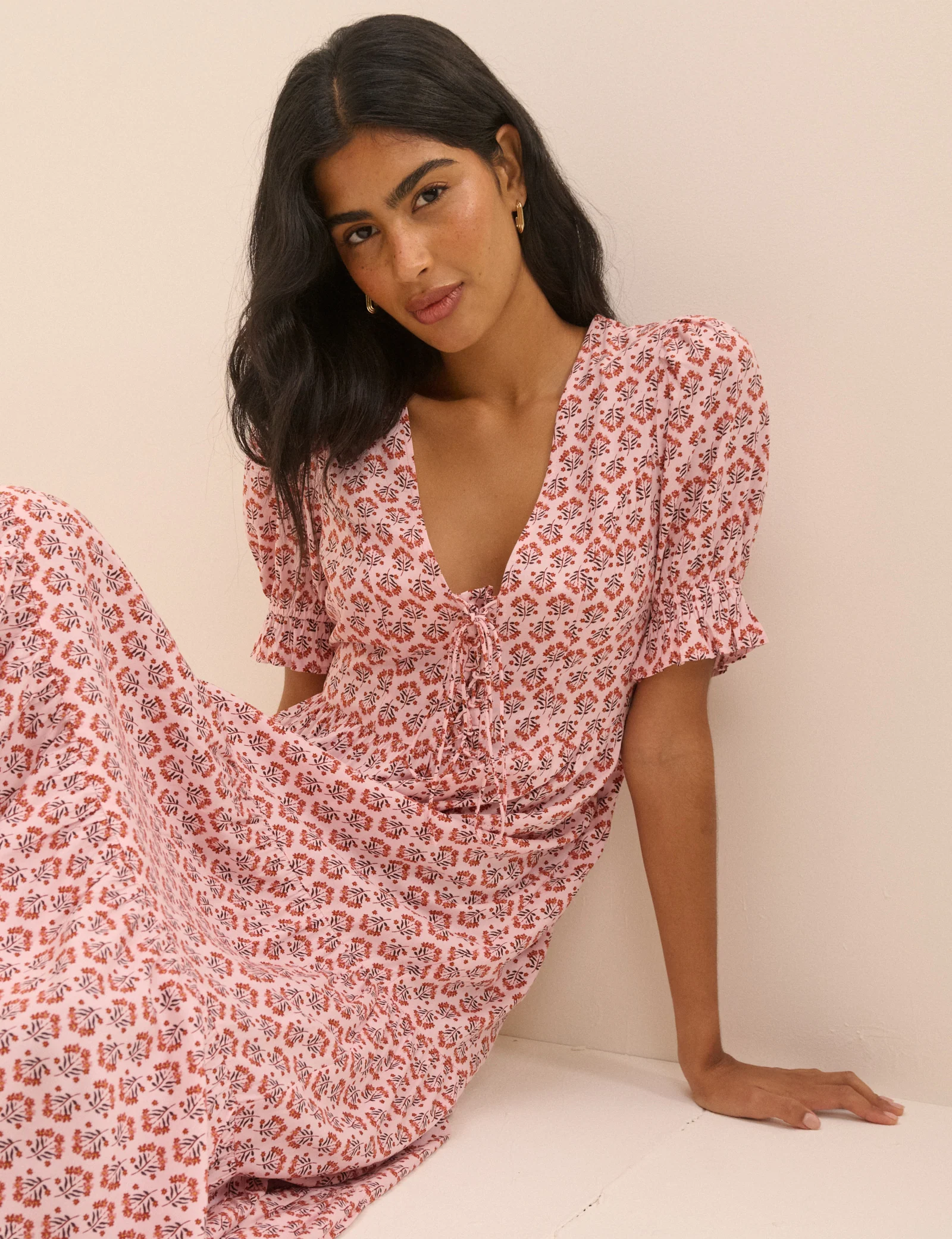 Pink Floral Puff Sleeve Lia Midi Dress - Image 4