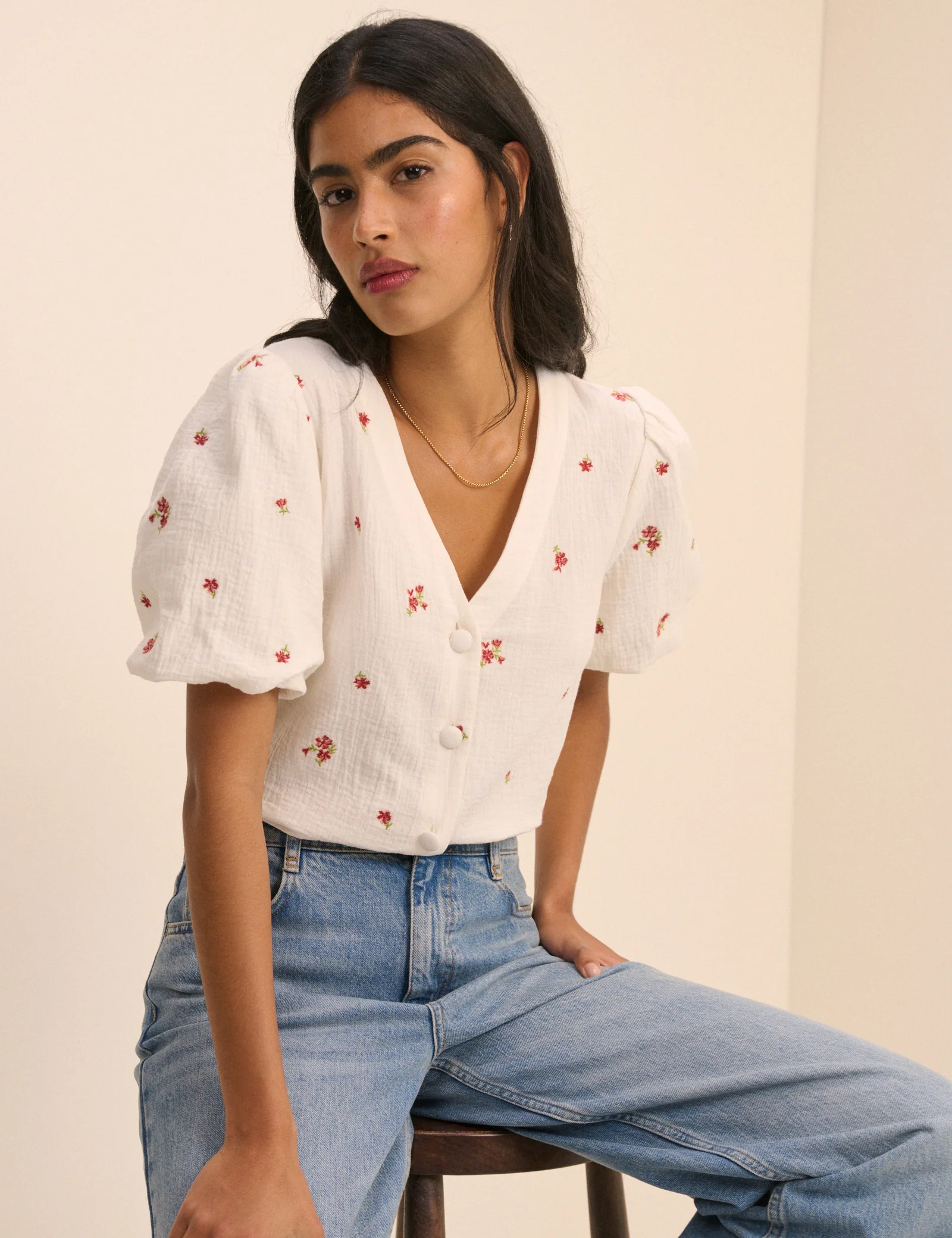 Cream and Red Floral Puff Sleeve Top - Image 5