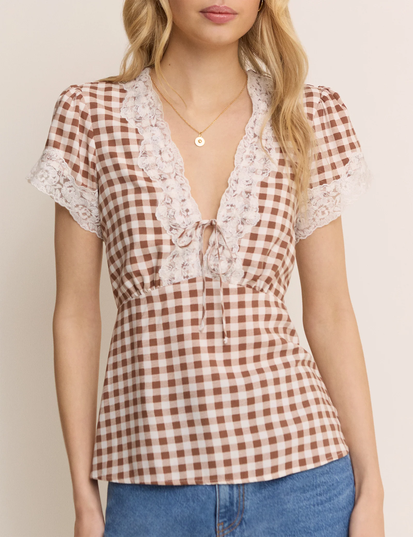 Brown Gingham Lace Trim Maeve Top - Image 5