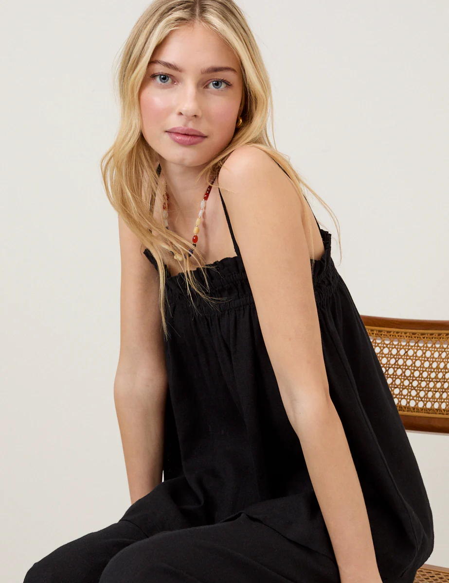 Black Linen-Blend Ruched Bandeau Top - Image 5