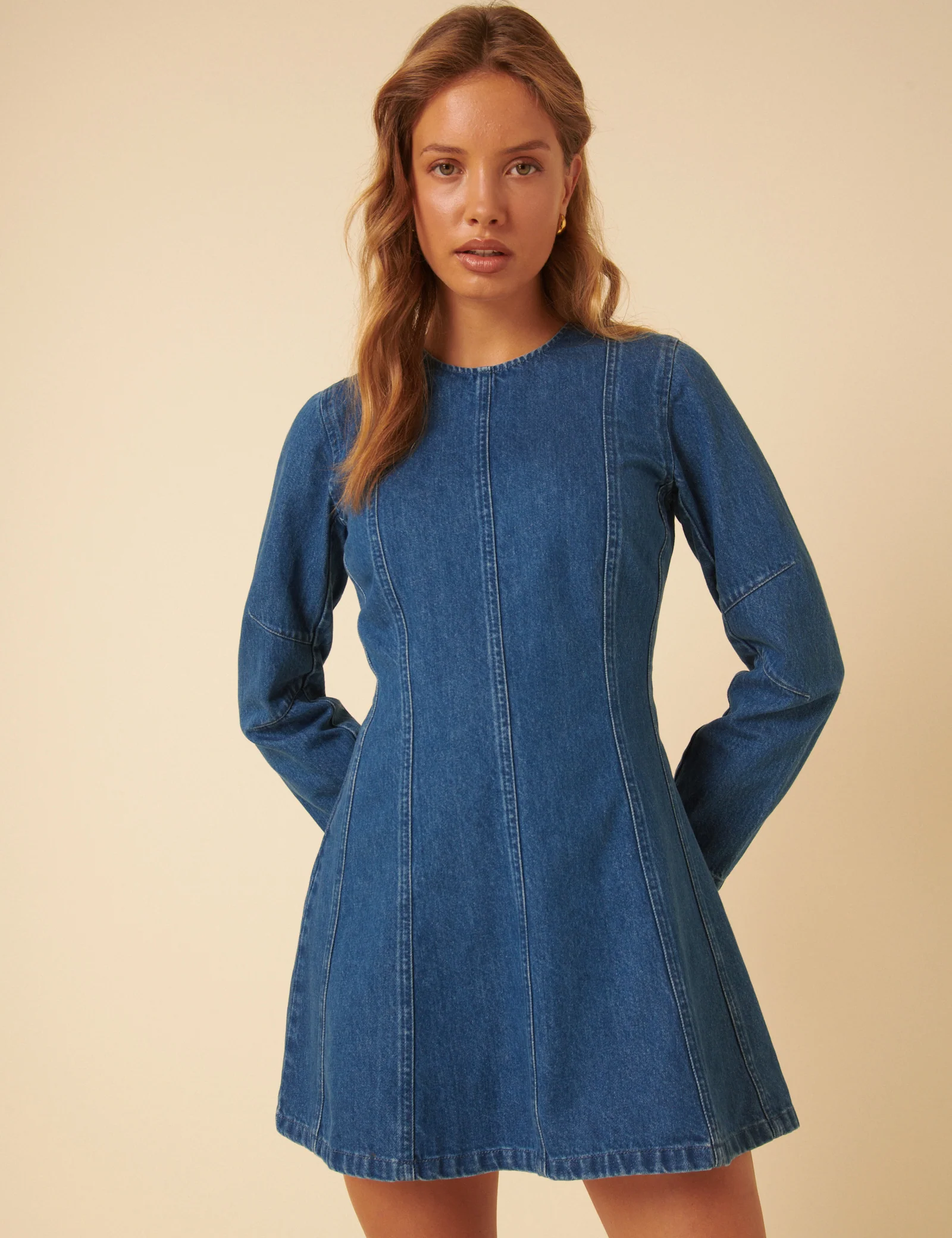 Mid Wash Denim Long Sleeve A-line Mini Dress - Image 2