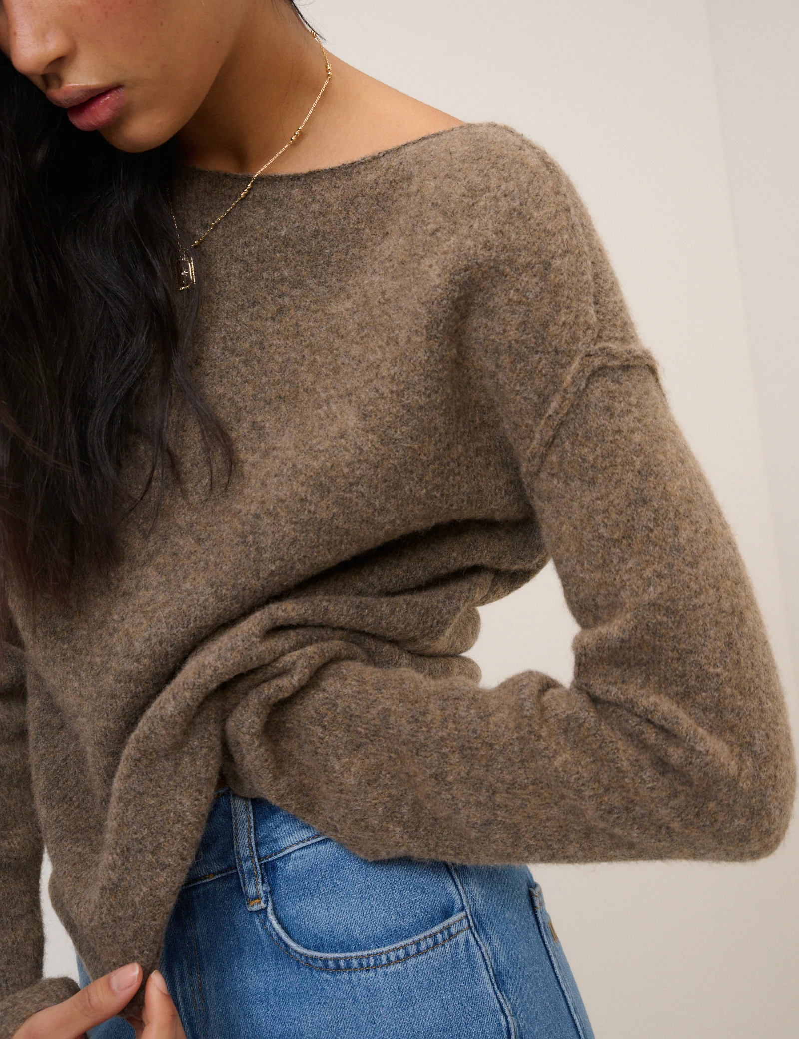 Brown Slash Neck Knitted Jumper - Image 3