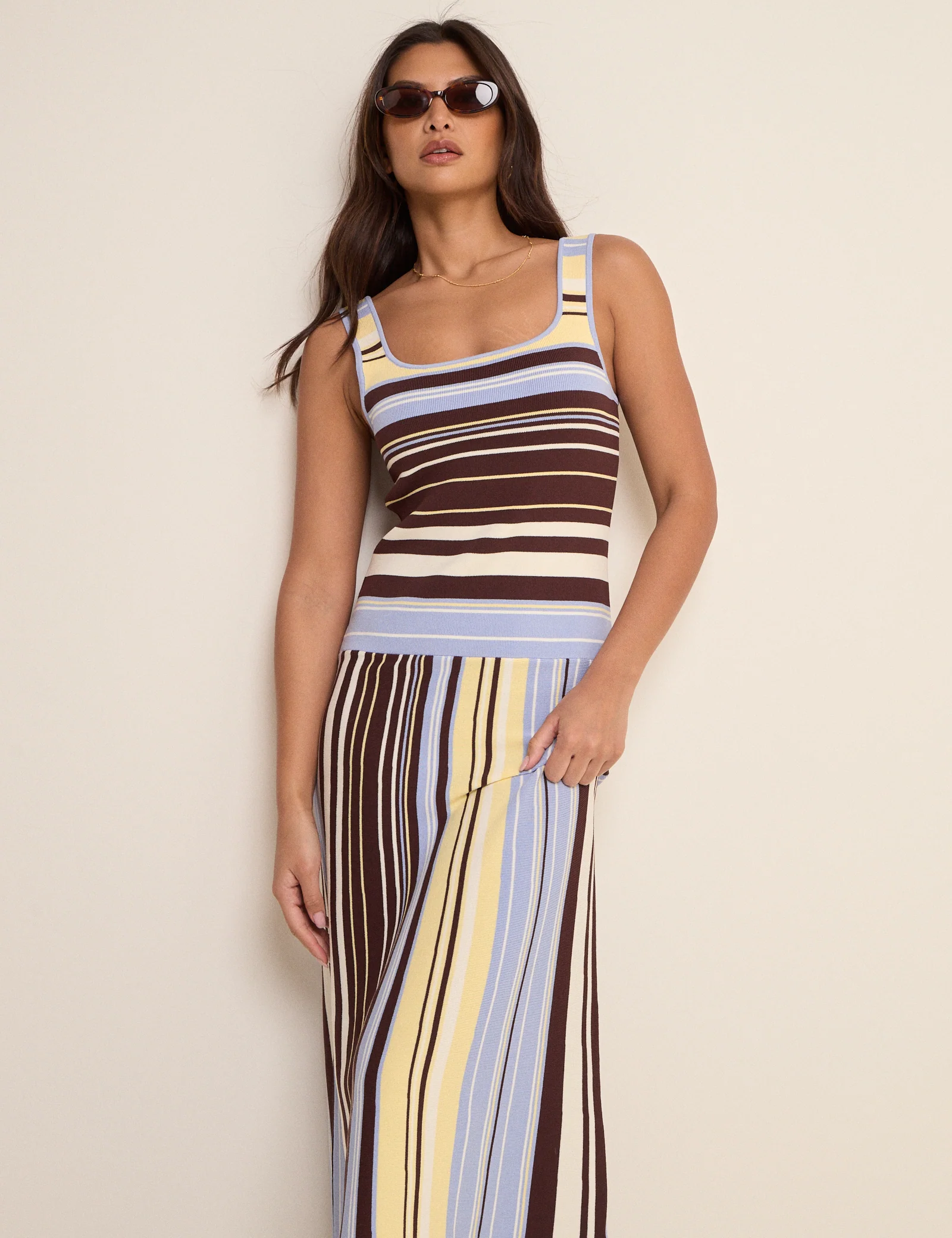 Brown and Blue Striped Drop Waist Knit Dress - Image 4