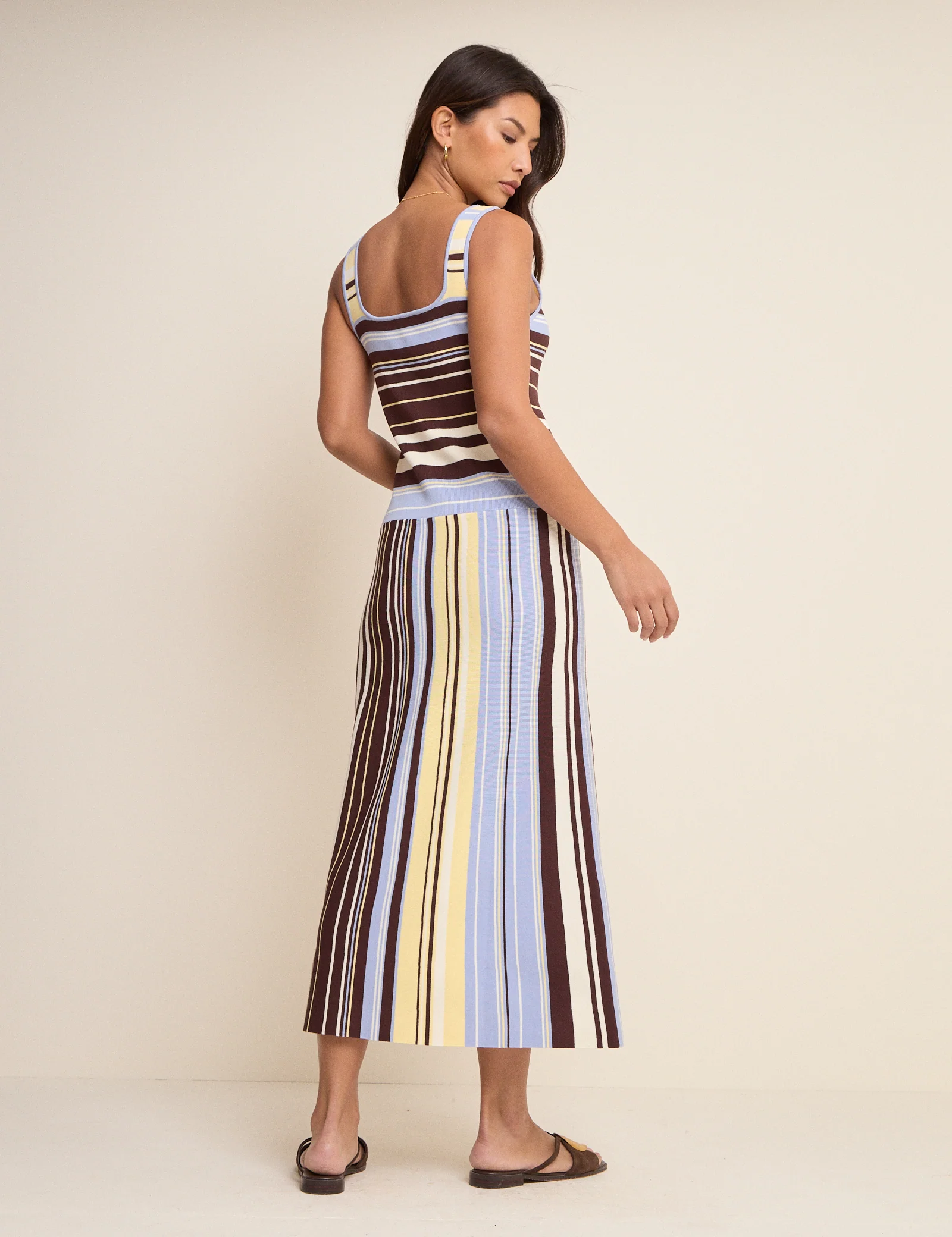 Brown and Blue Striped Drop Waist Knit Dress - Image 5
