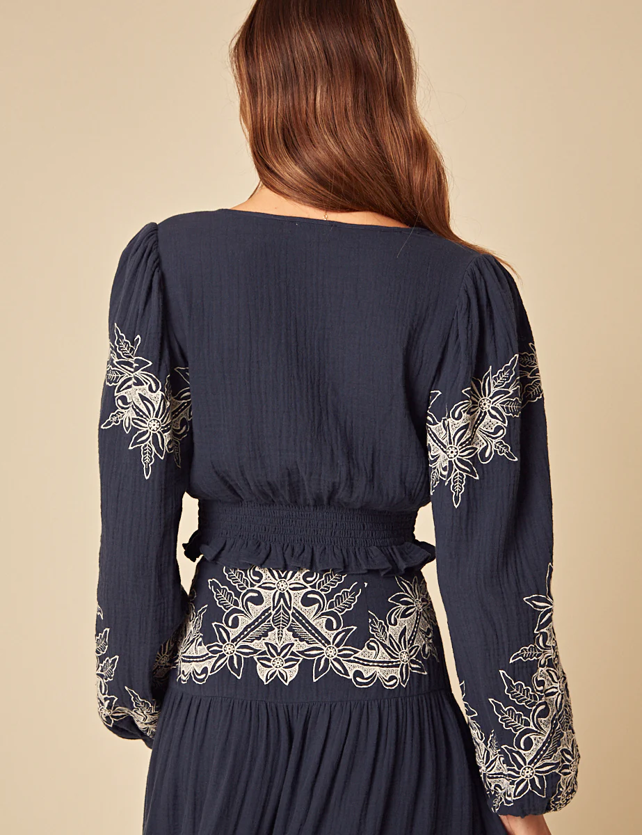 Navy Embroidered Tie Front Top - Image 4